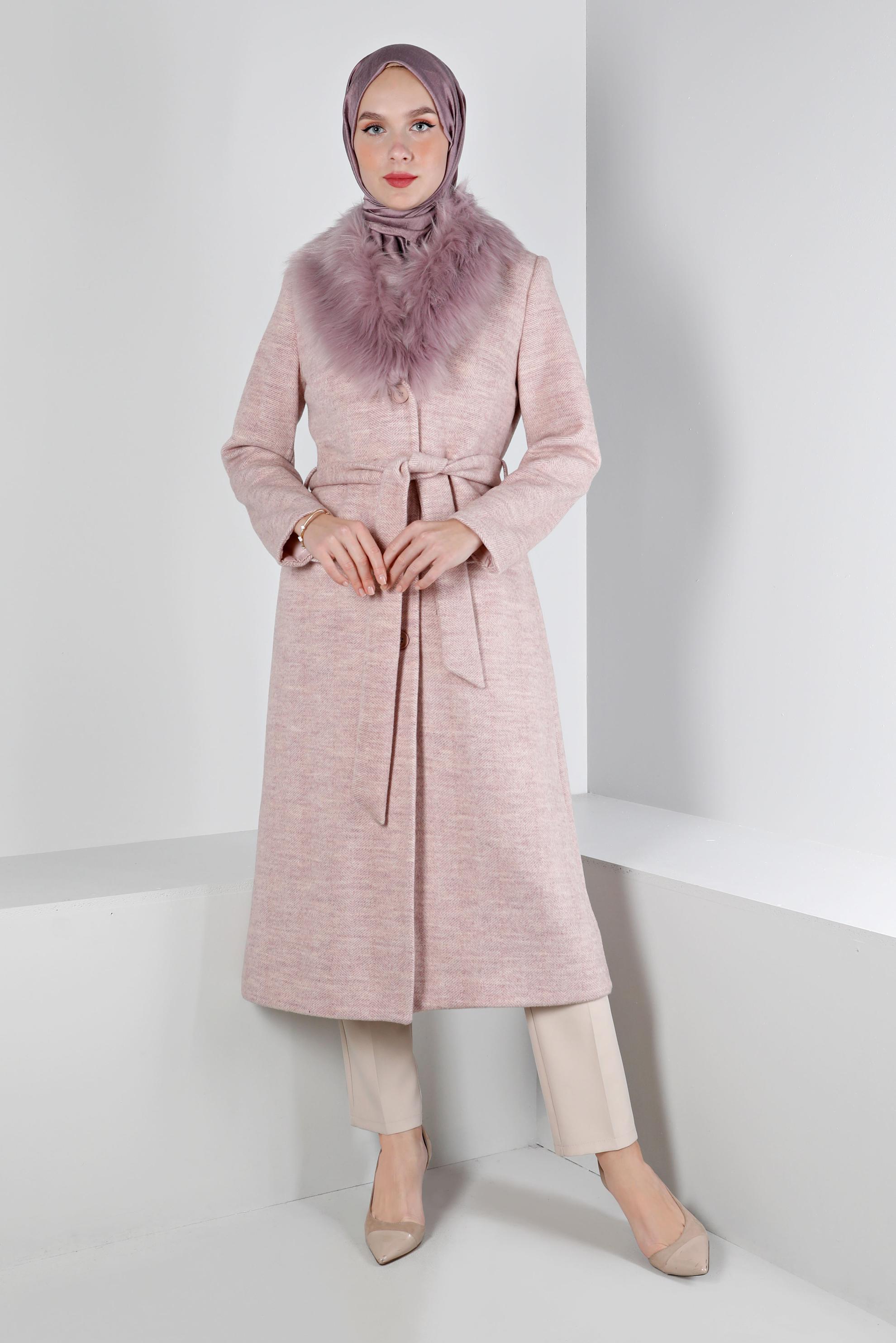 Tesettür giyim PUDRA DÜĞMELİ KÜRKLÜ KABAN 90383