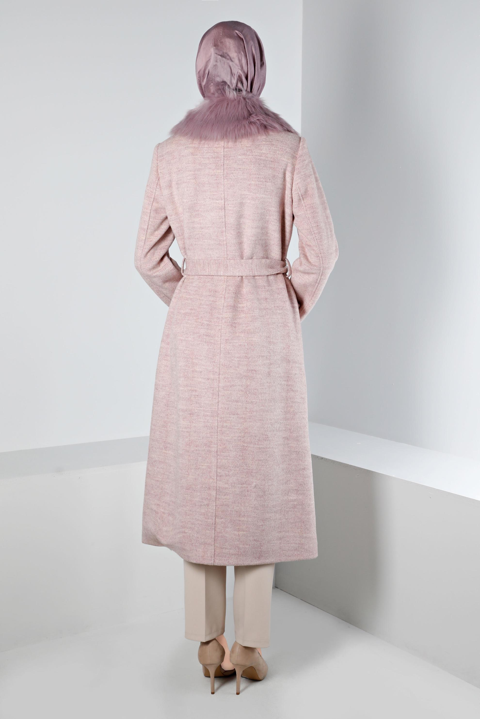 Tesettür giyim PUDRA DÜĞMELİ KÜRKLÜ KABAN 90383