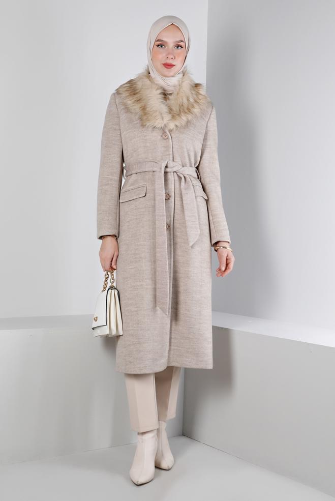 Hijab clothing  BUTTONED FURRY COAT 90383 - ALVİNA
