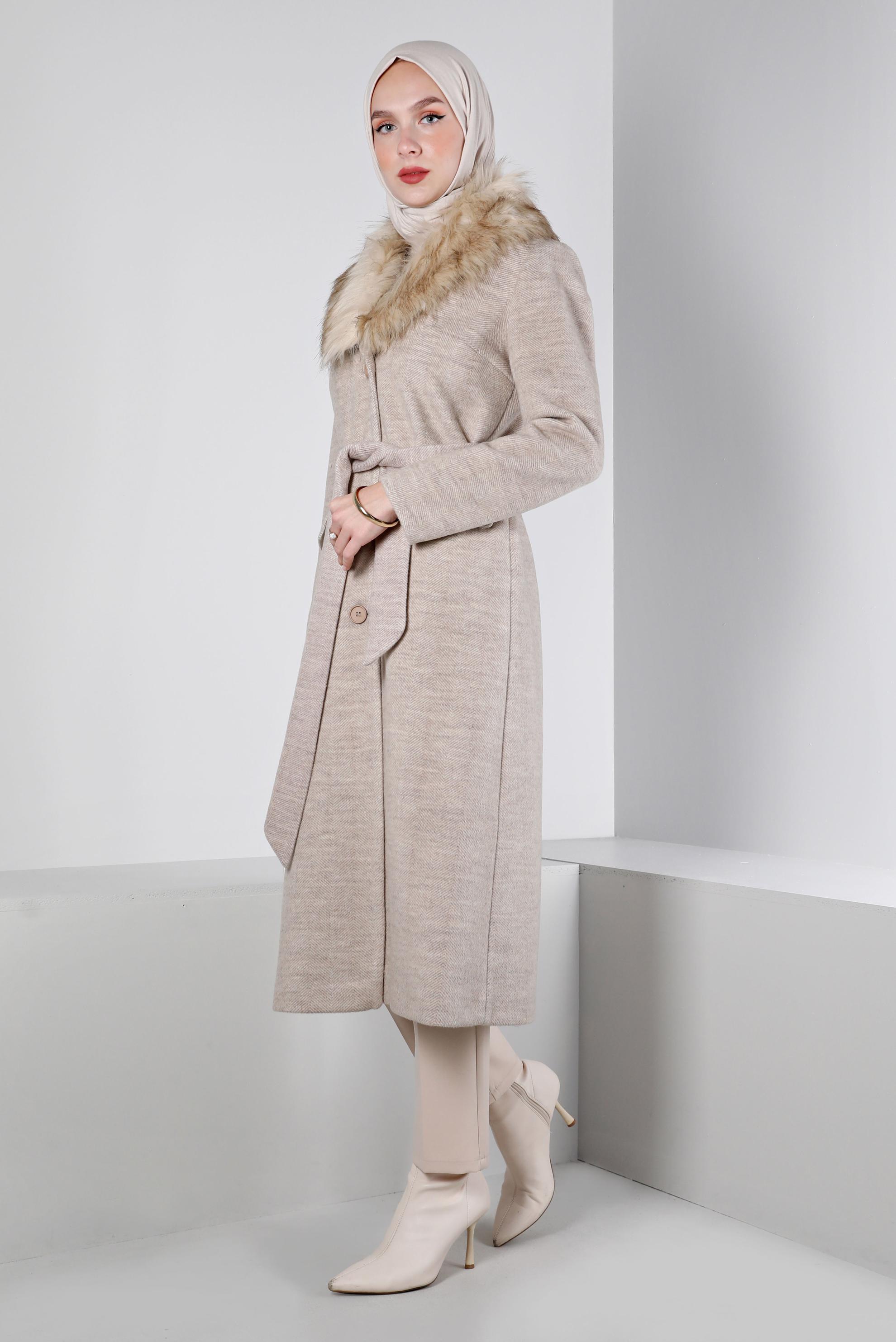 Hijab clothing BEIGE BUTTONED FURRY COAT 90383