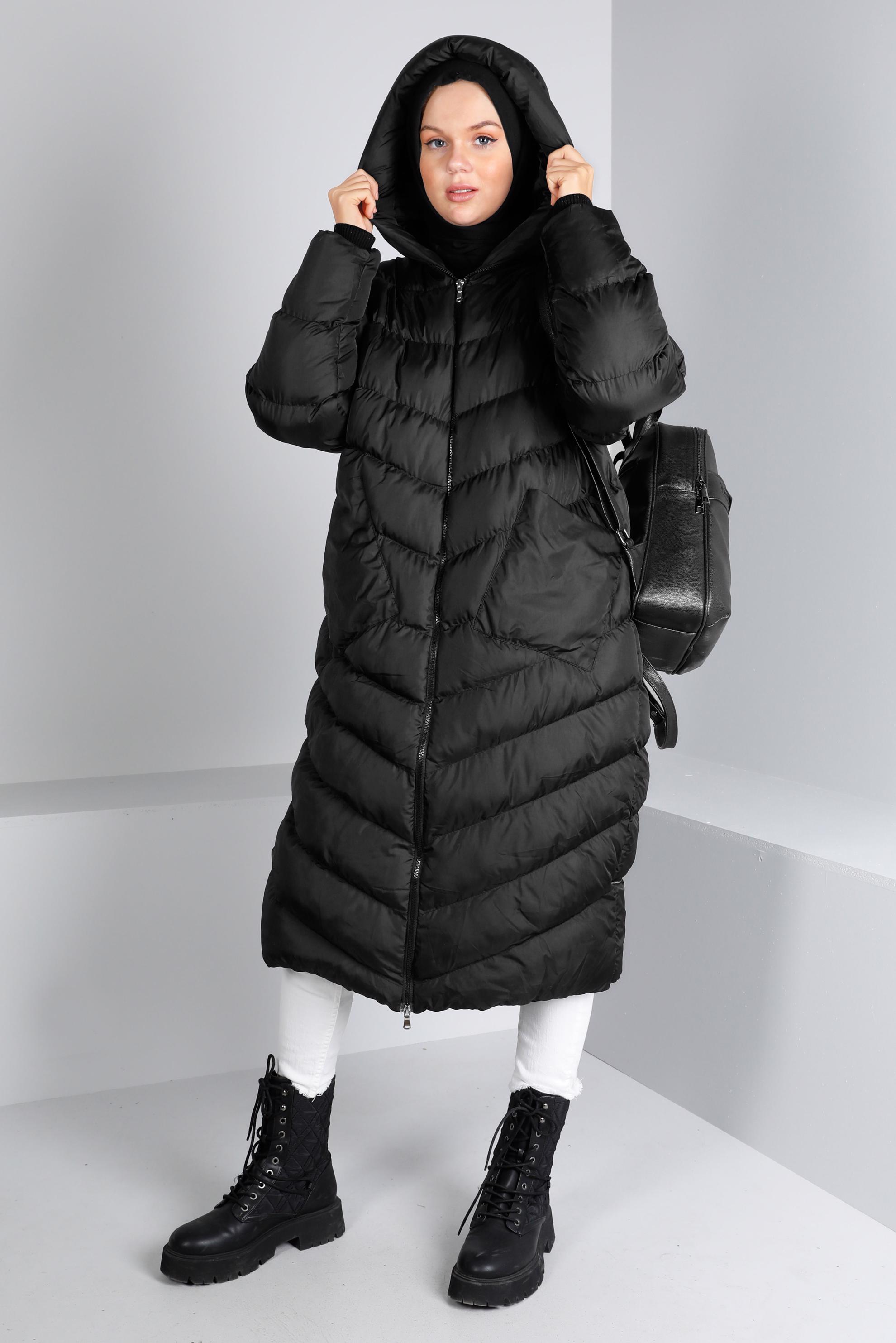 Tesettür giyim SİYAH KAPÜŞONLU FERMUARLI ŞİŞME KABAN 90390 