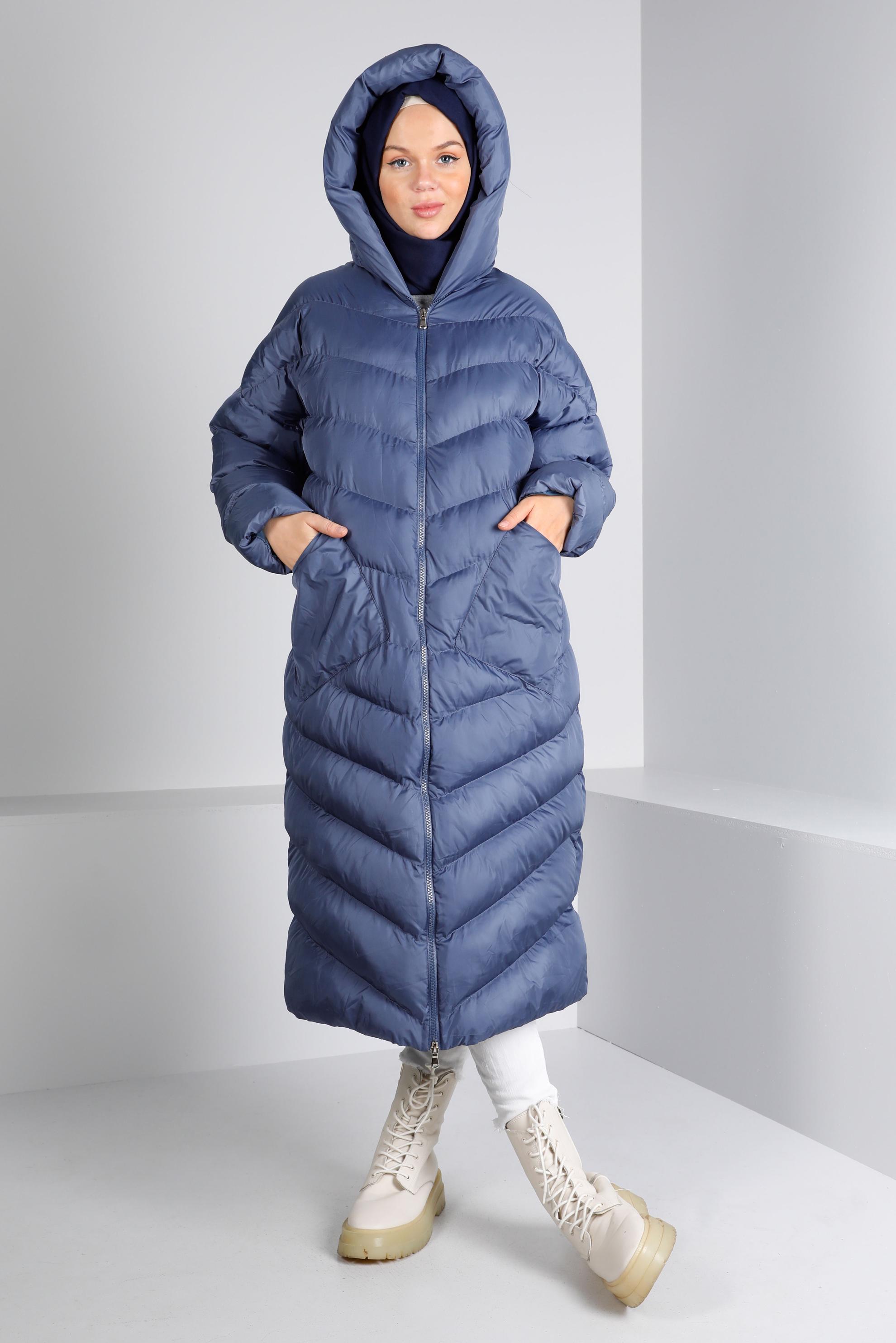 Tesettür giyim LACİVERT KAPÜŞONLU FERMUARLI ŞİŞME KABAN 90390 