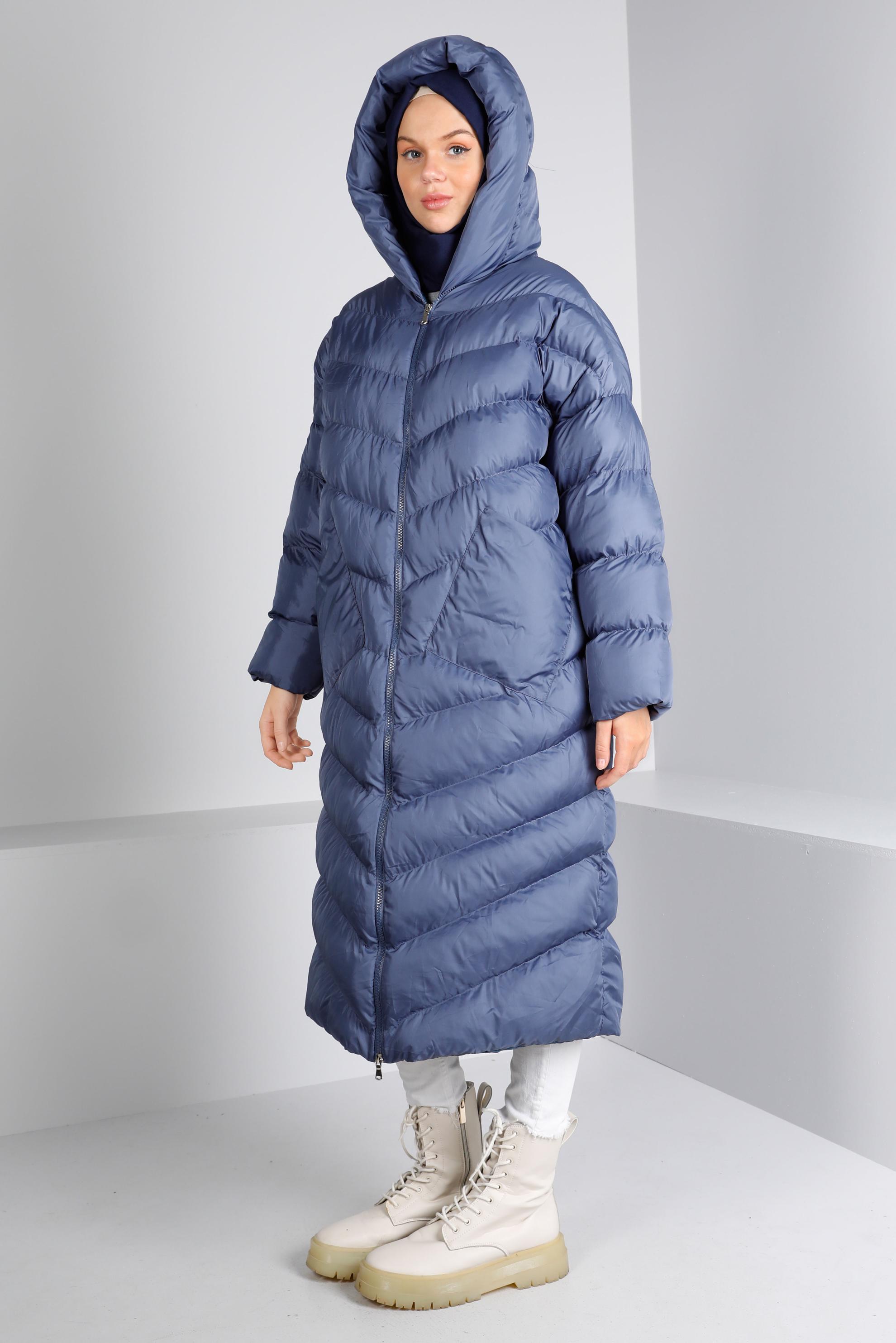 Tesettür giyim LACİVERT KAPÜŞONLU FERMUARLI ŞİŞME KABAN 90390 