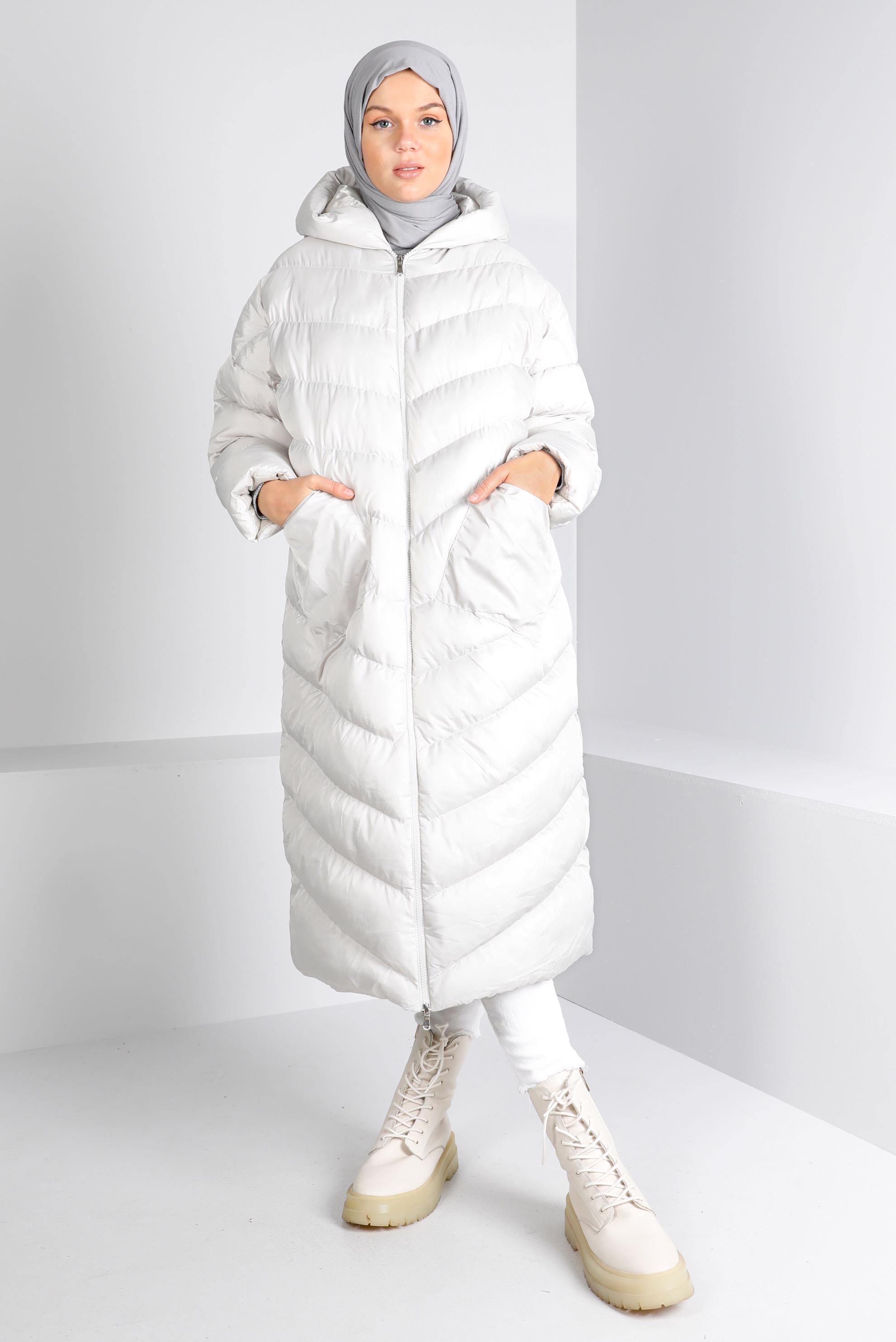 Hijab clothing BEIGE HOODED ZIPPED PUFFER COAT 90390 