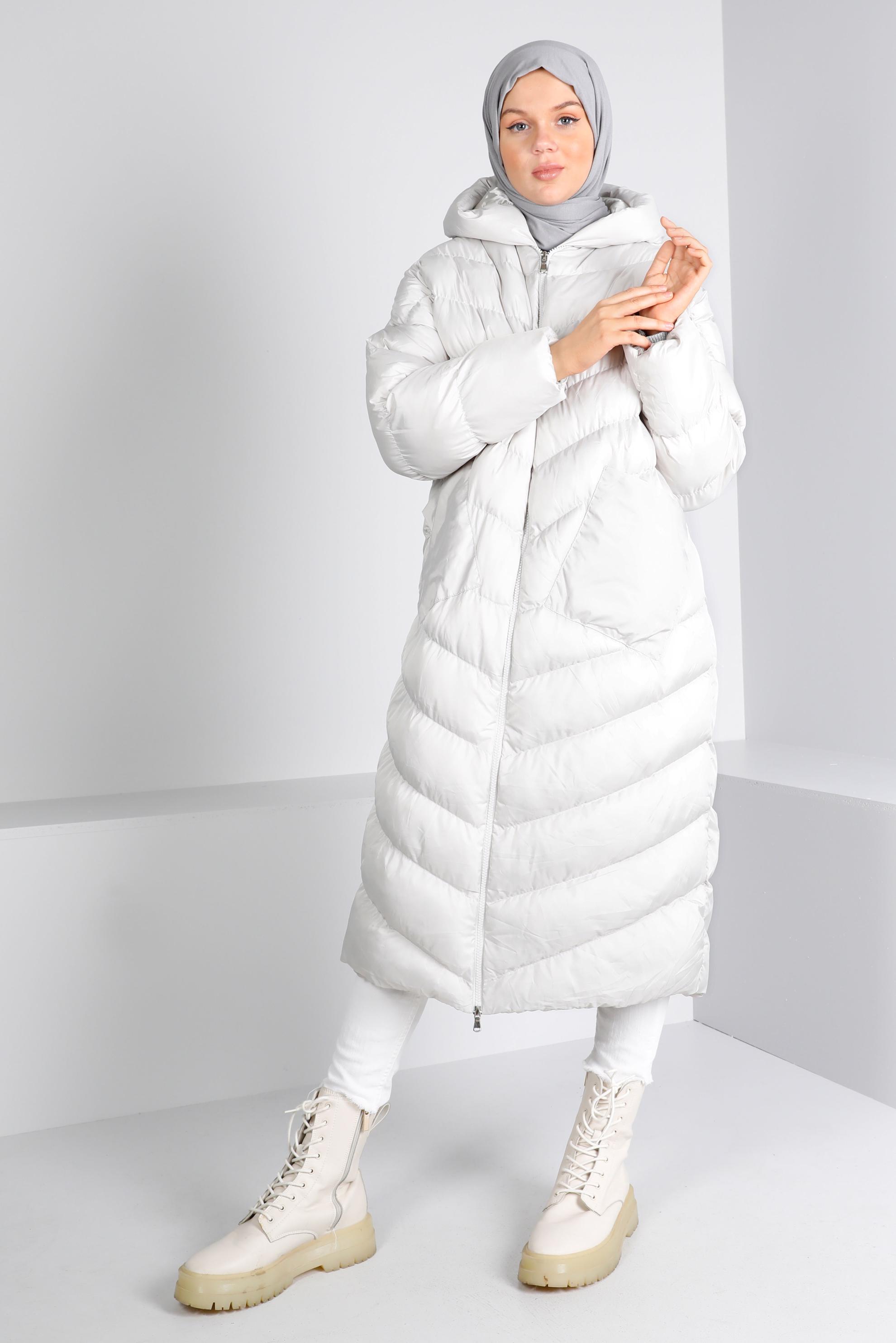 Hijab clothing BEIGE HOODED ZIPPED PUFFER COAT 90390 