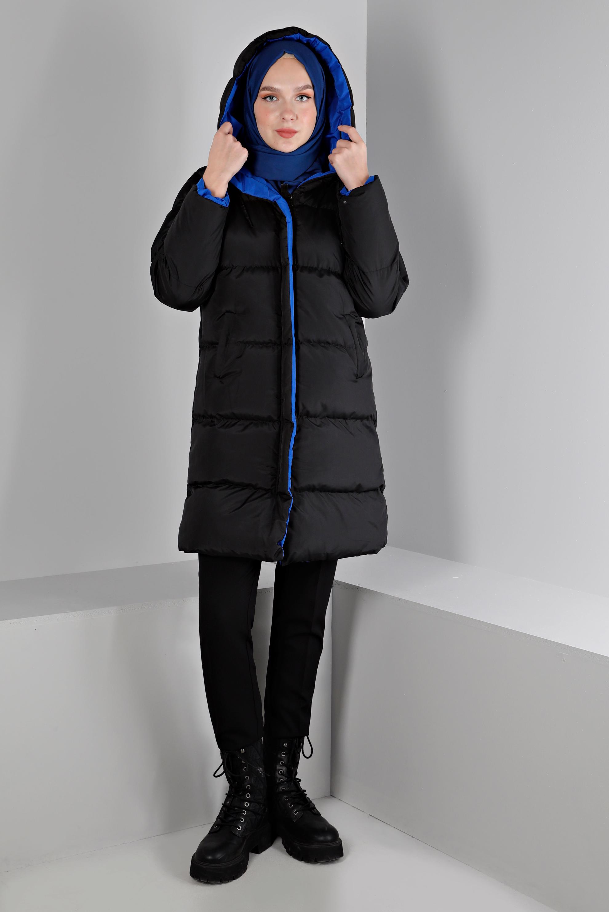 Tesettür giyim SİYAH KAPÜŞONLU ŞİŞME KABAN 90391