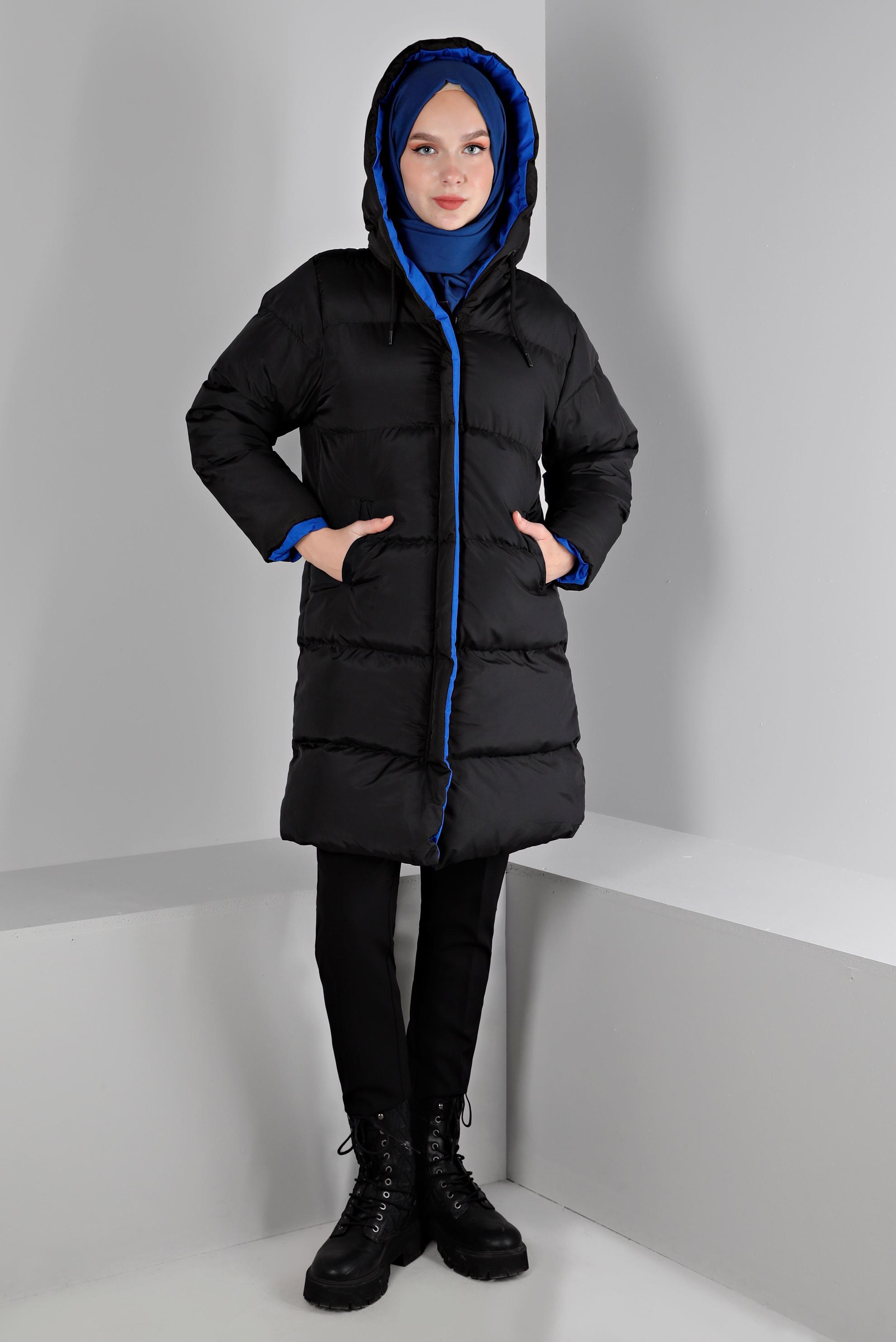 Tesettür giyim SİYAH KAPÜŞONLU ŞİŞME KABAN 90391