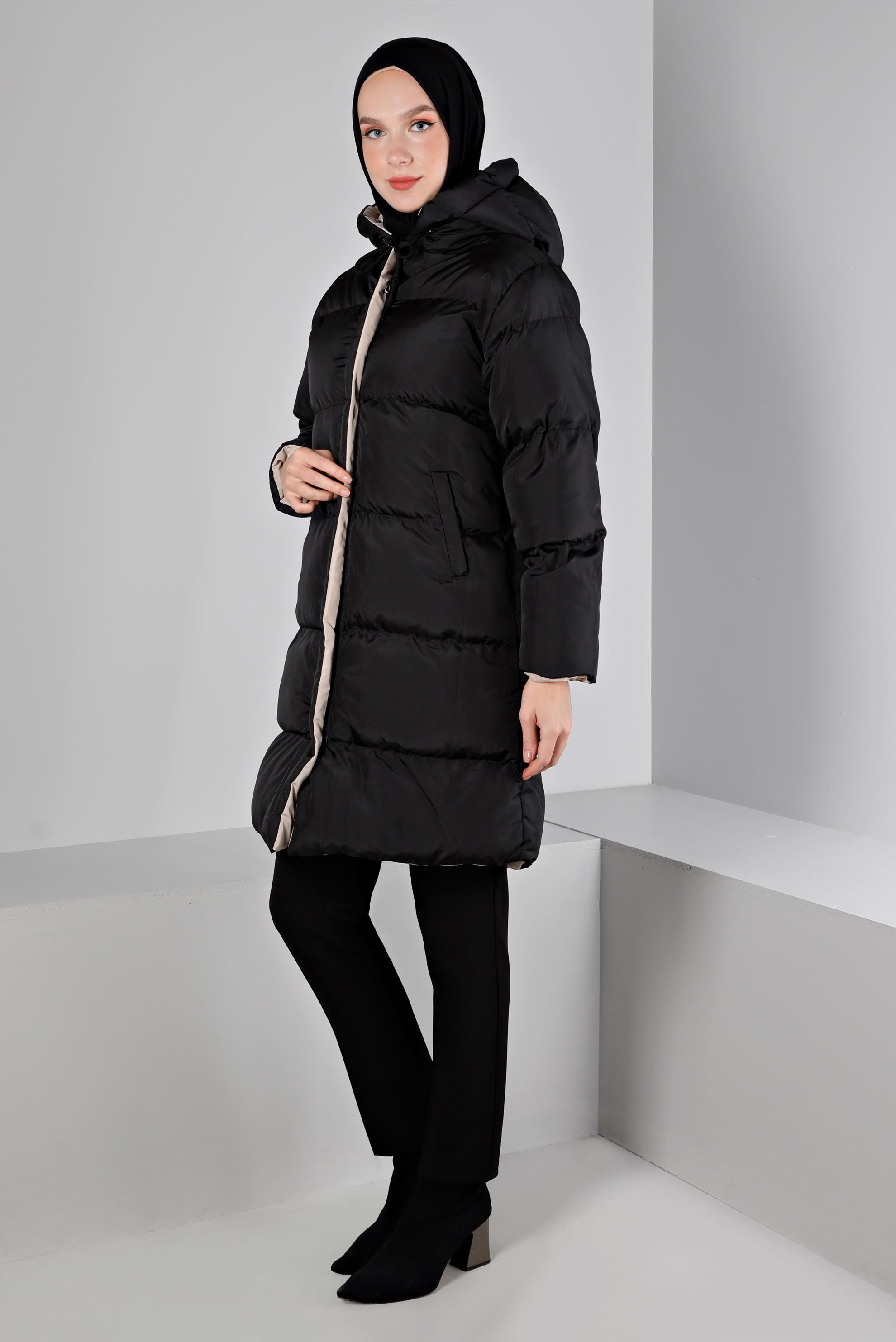 Tesettür giyim SİYAH KAPÜŞONLU ŞİŞME KABAN 90391