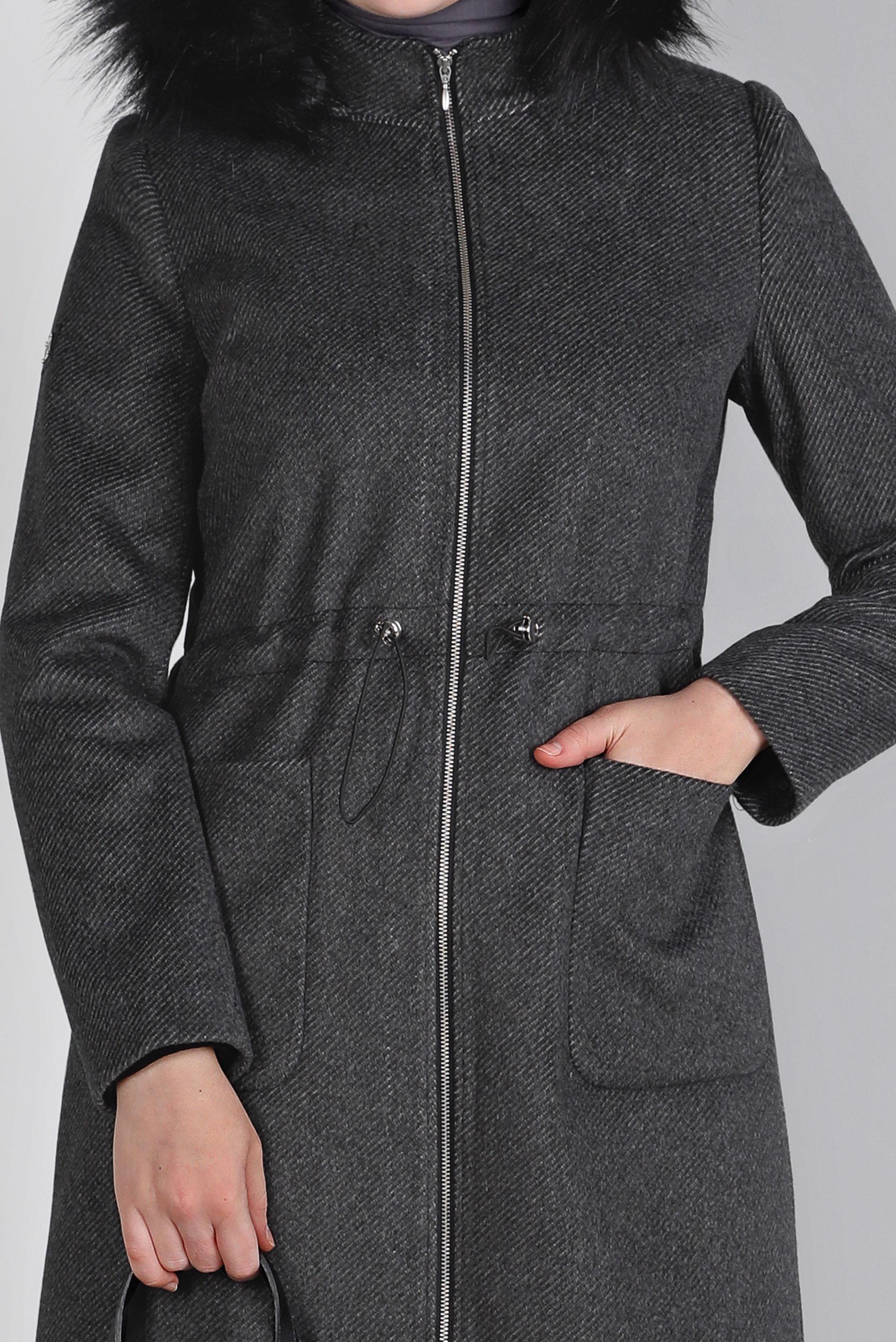 Tesettür giyim SİYAH KAPÜŞONU KÜRKLÜ CEPLİ KABAN 90392 