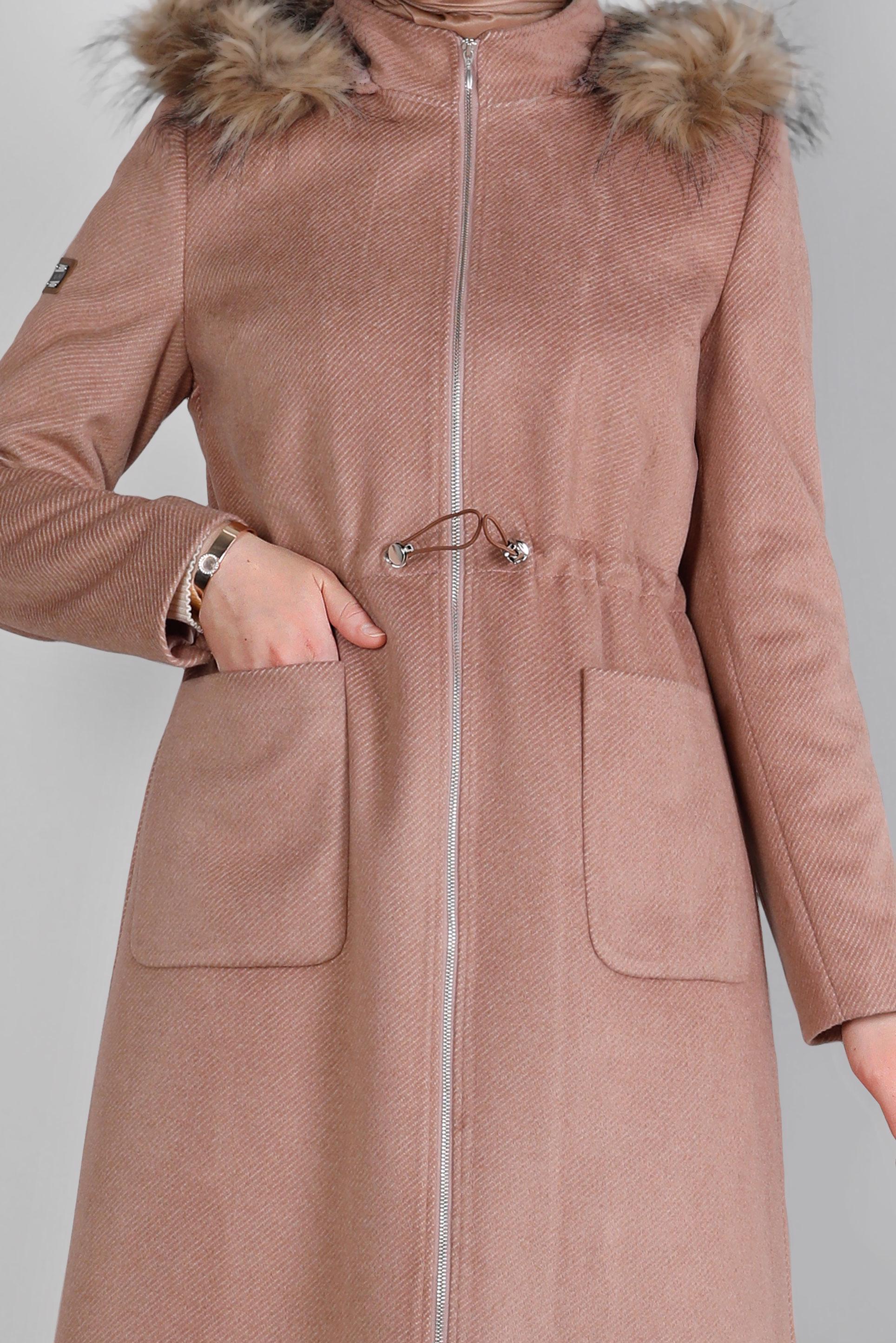 Tesettür giyim PUDRA KAPÜŞONU KÜRKLÜ CEPLİ KABAN 90392 