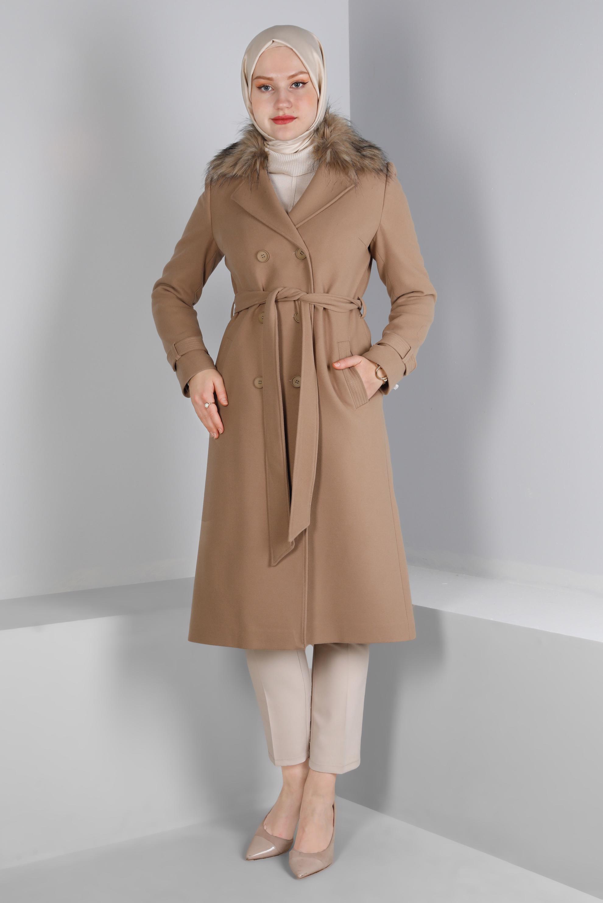 Tesettür giyim TABA YAKASI KÜRKLÜ KUŞAKLI KABAN 90393