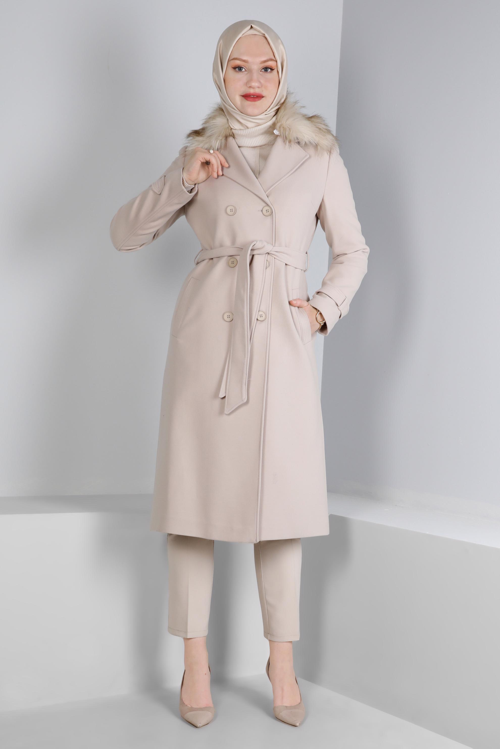 Hijab clothing BEIGE FAUX FUR DETAIL BELTED COAT 90393