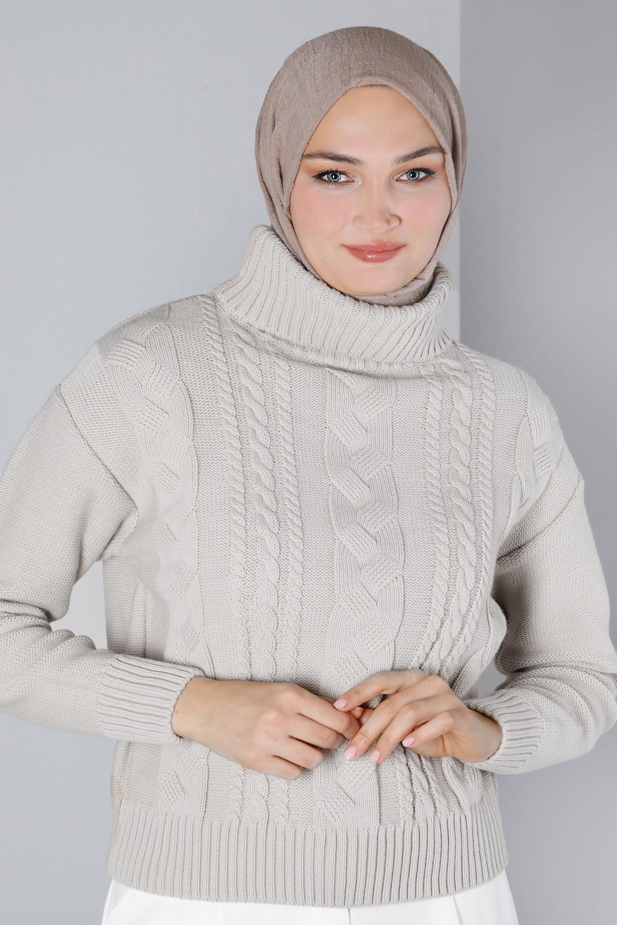 Tesettür giyim BEYAZ BOĞAZLI ÖRGÜ DETAYLI TRİKO KAZAK 43134 