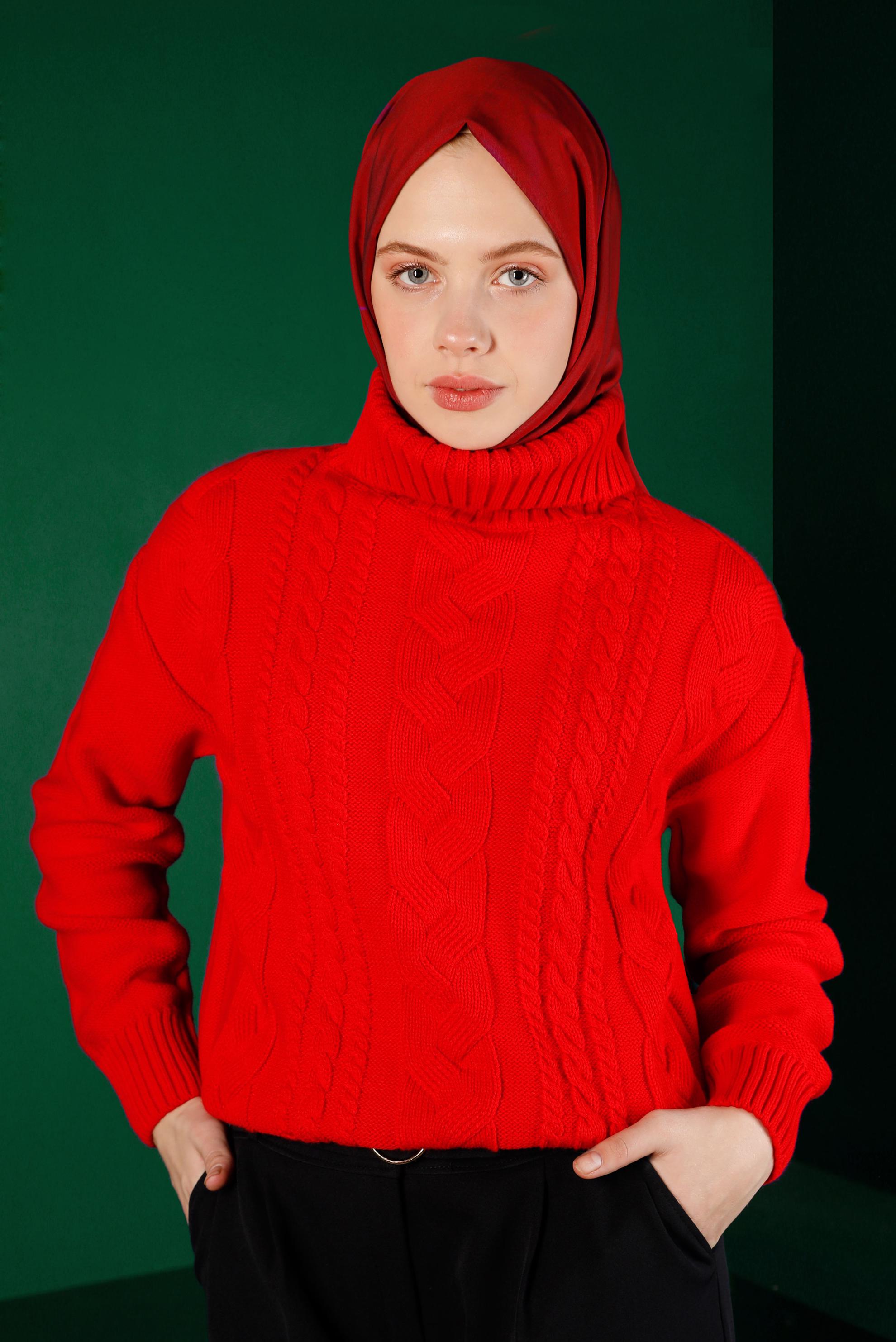 Tesettür giyim KIRMIZI BOĞAZLI ÖRGÜ DETAYLI TRİKO KAZAK 43134 