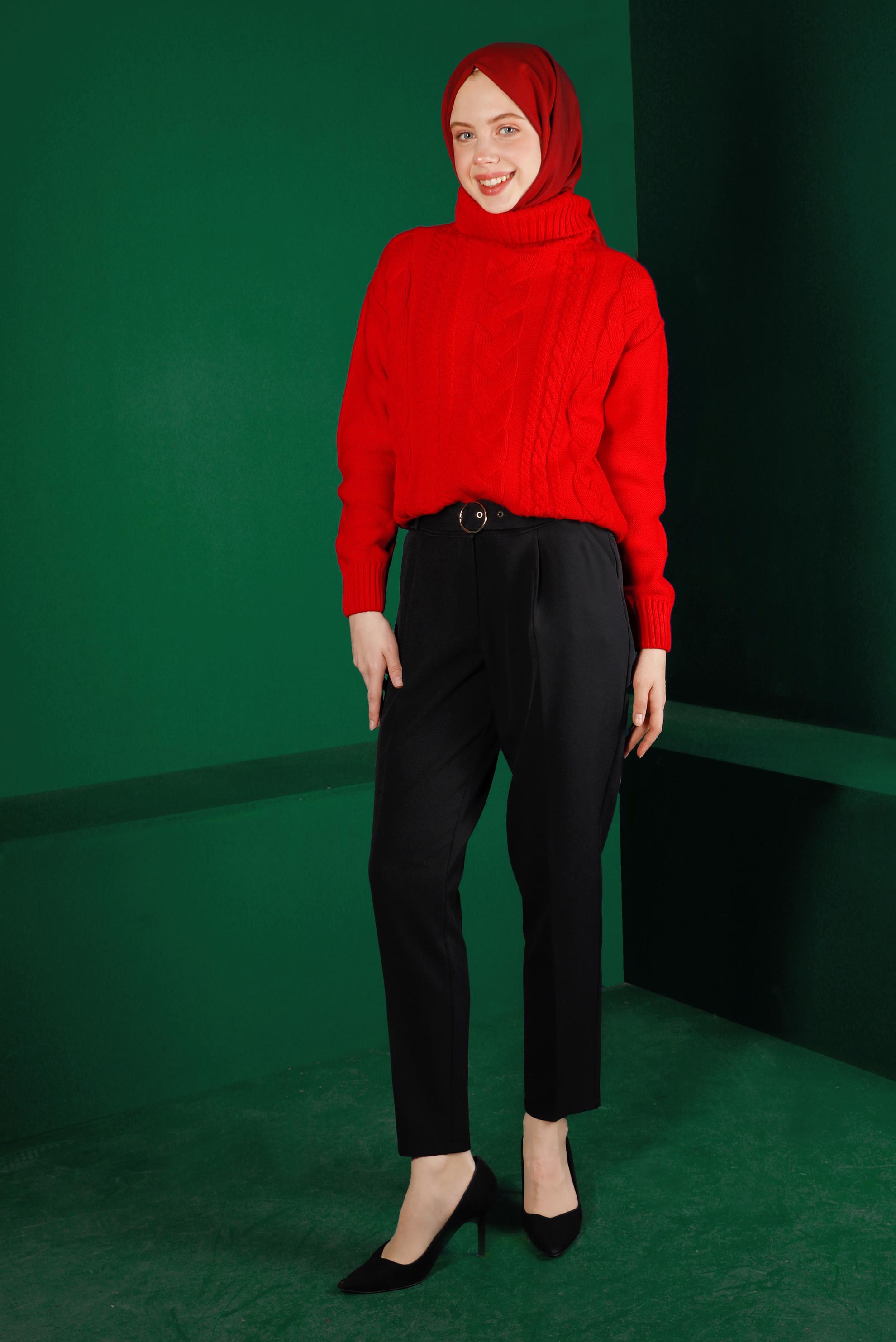 Tesettür giyim KIRMIZI BOĞAZLI ÖRGÜ DETAYLI TRİKO KAZAK 43134 