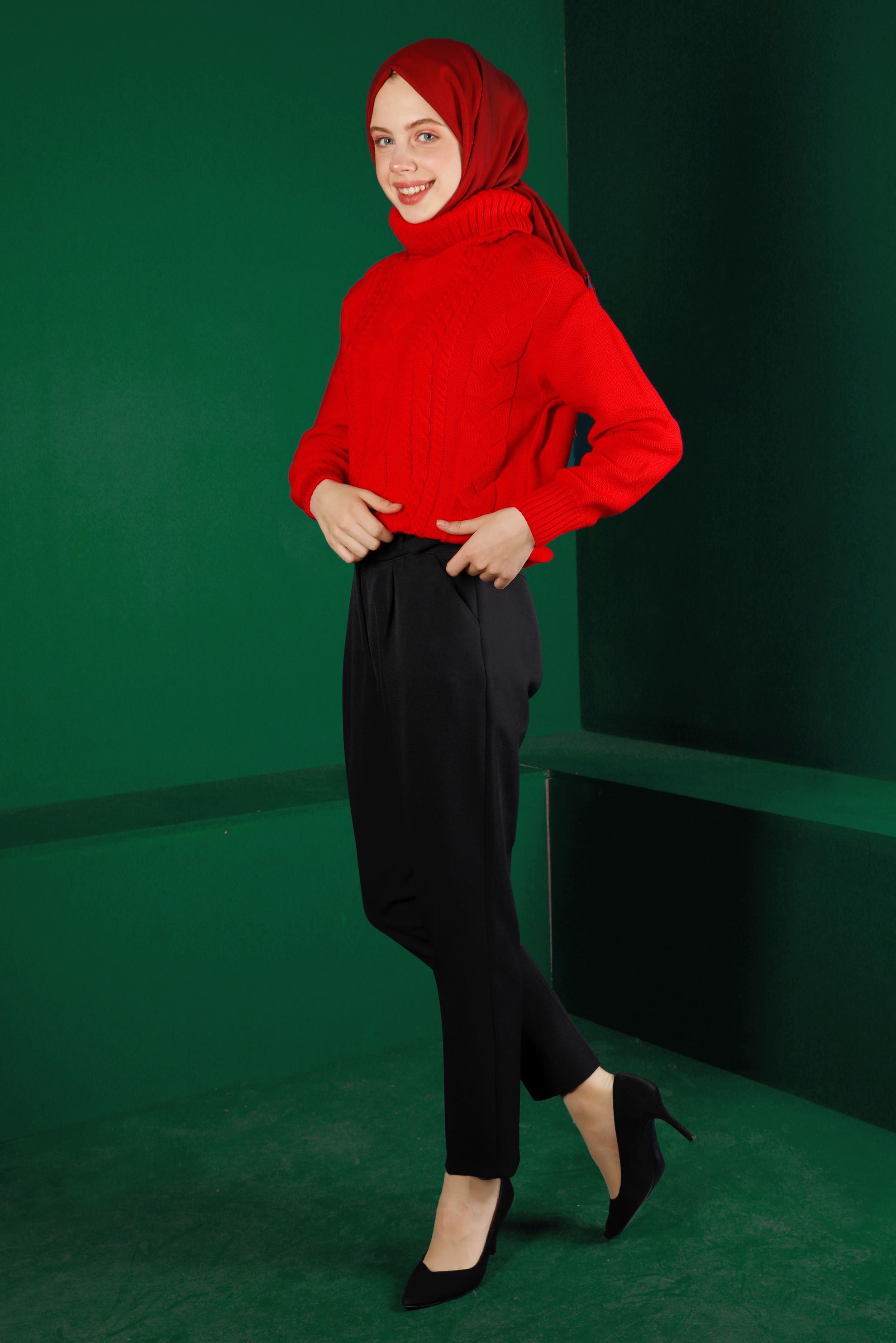 Tesettür giyim KIRMIZI BOĞAZLI ÖRGÜ DETAYLI TRİKO KAZAK 43134 