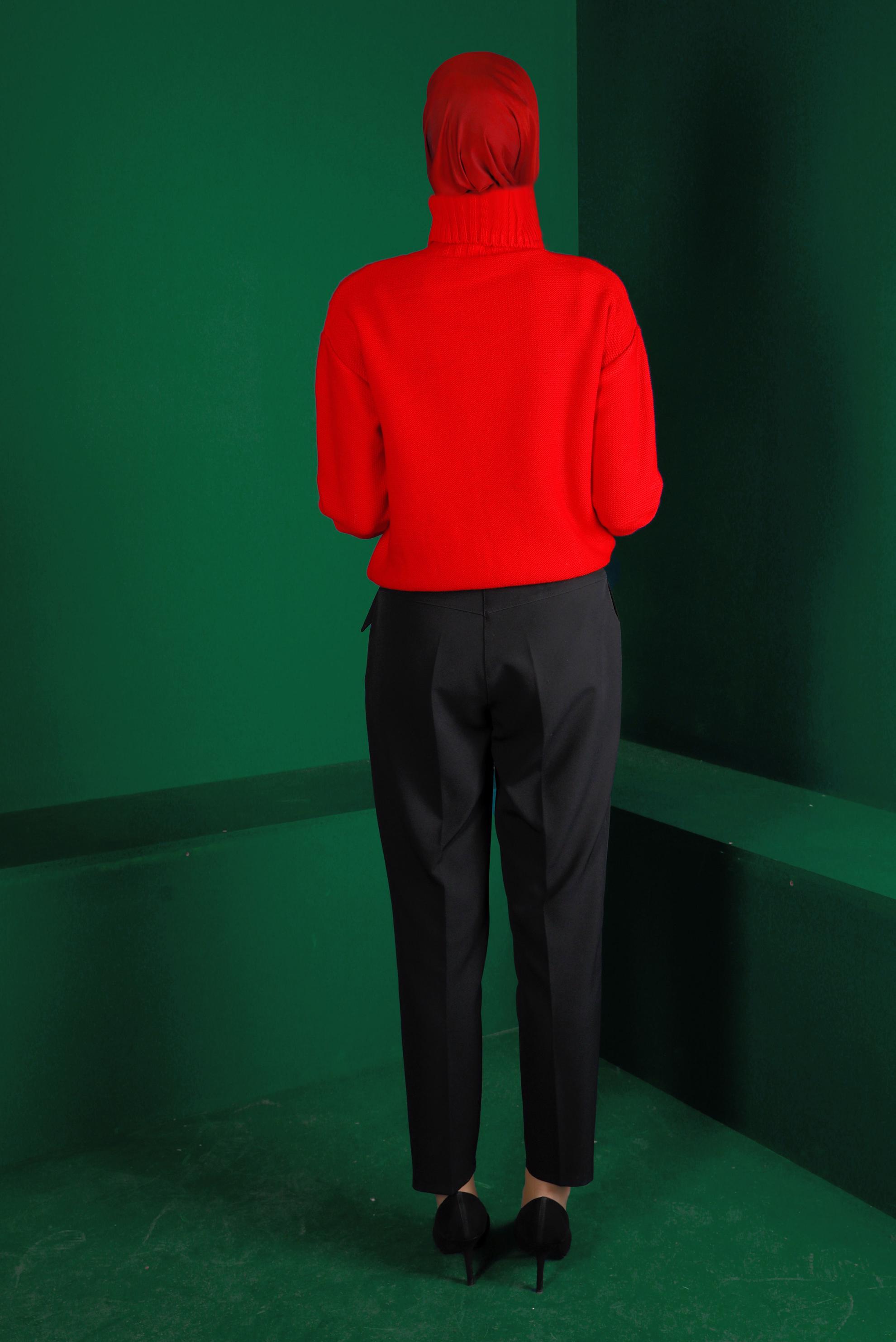 Tesettür giyim KIRMIZI BOĞAZLI ÖRGÜ DETAYLI TRİKO KAZAK 43134 