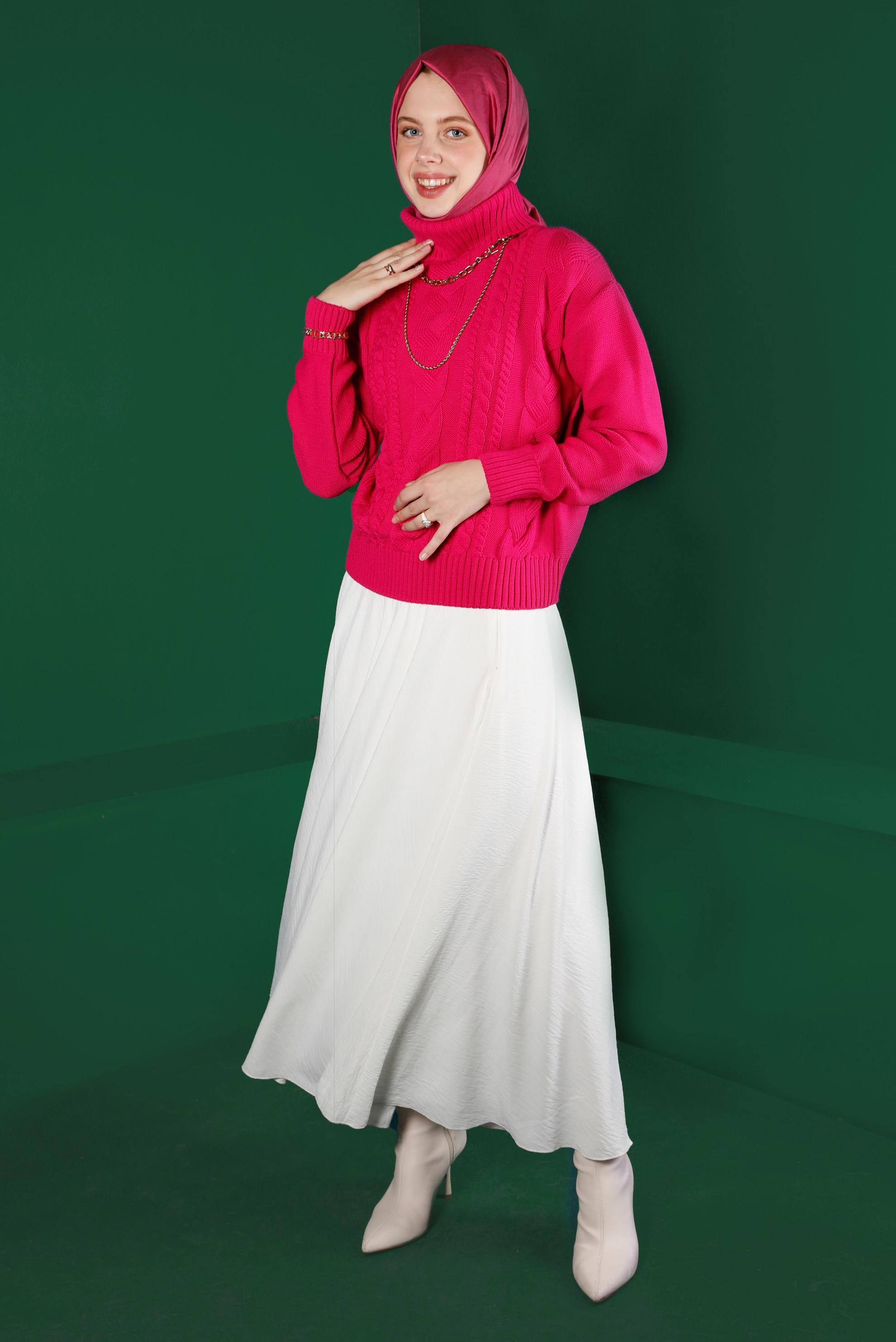 Tesettür giyim FUŞYA BOĞAZLI ÖRGÜ DETAYLI TRİKO KAZAK 43134 