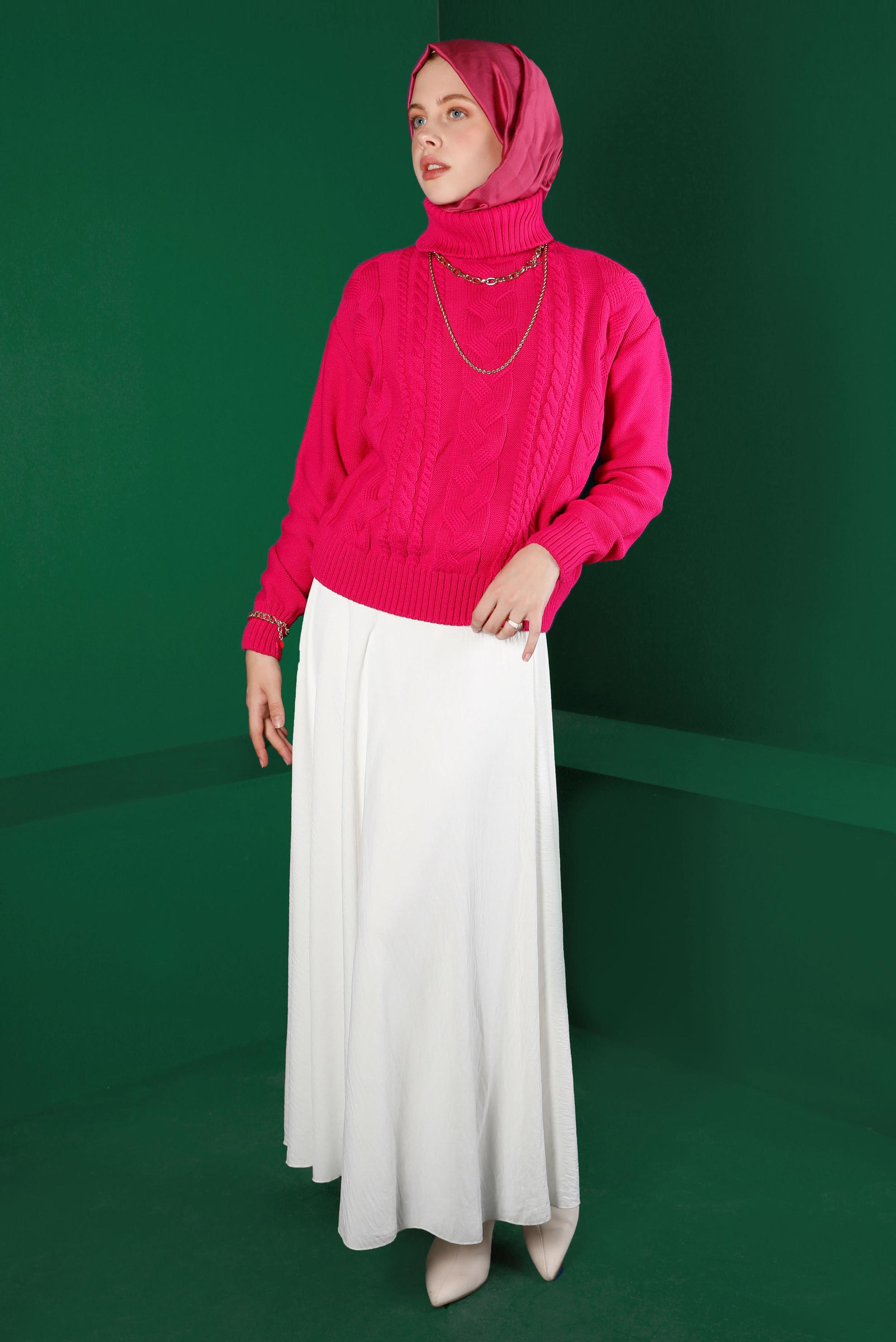 Tesettür giyim FUŞYA BOĞAZLI ÖRGÜ DETAYLI TRİKO KAZAK 43134 