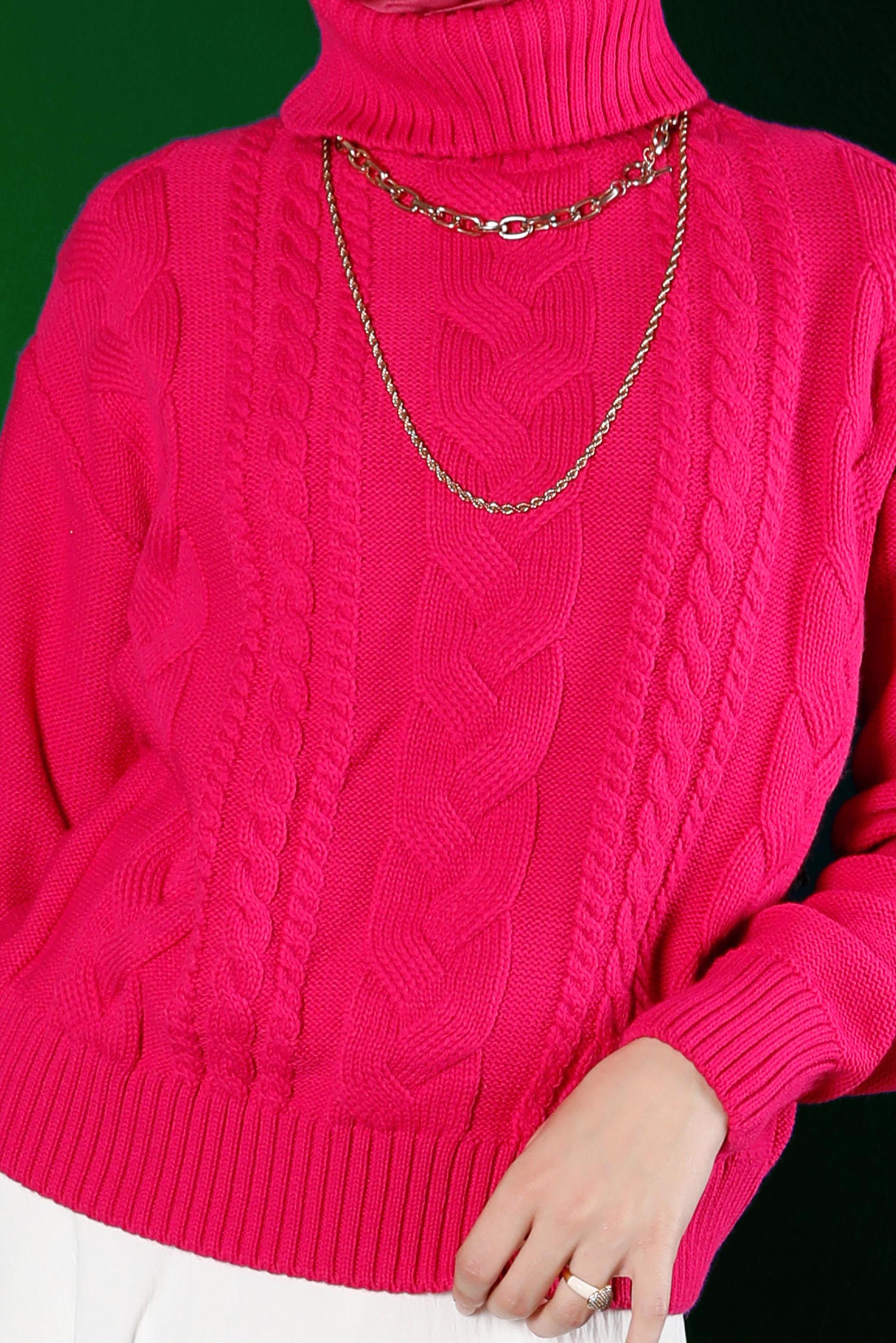 Tesettür giyim FUŞYA BOĞAZLI ÖRGÜ DETAYLI TRİKO KAZAK 43134 