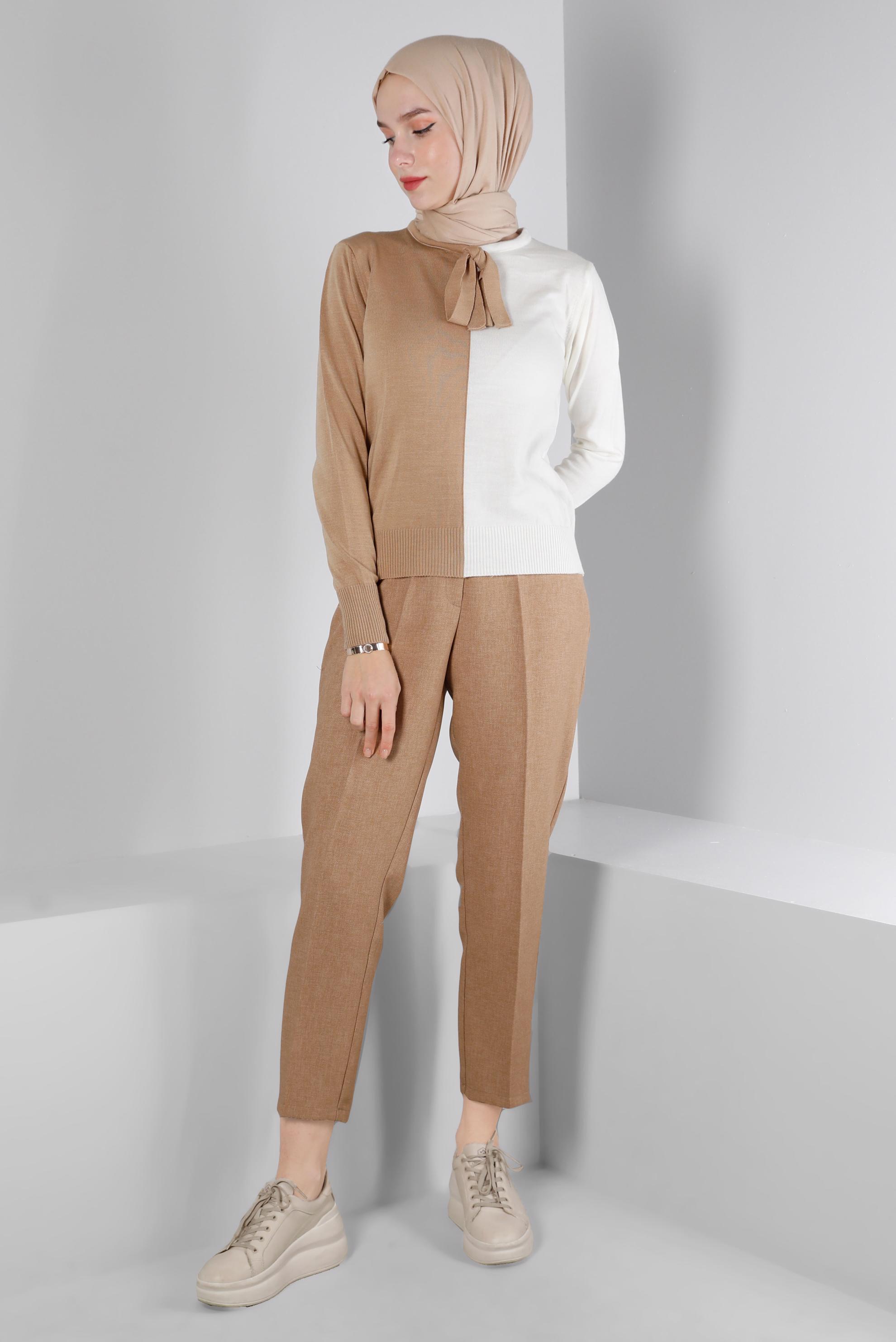 Tesettür giyim KAHVE YAKASI BAĞLAMALI İKİ RENK TRİKO KAZAK 43187