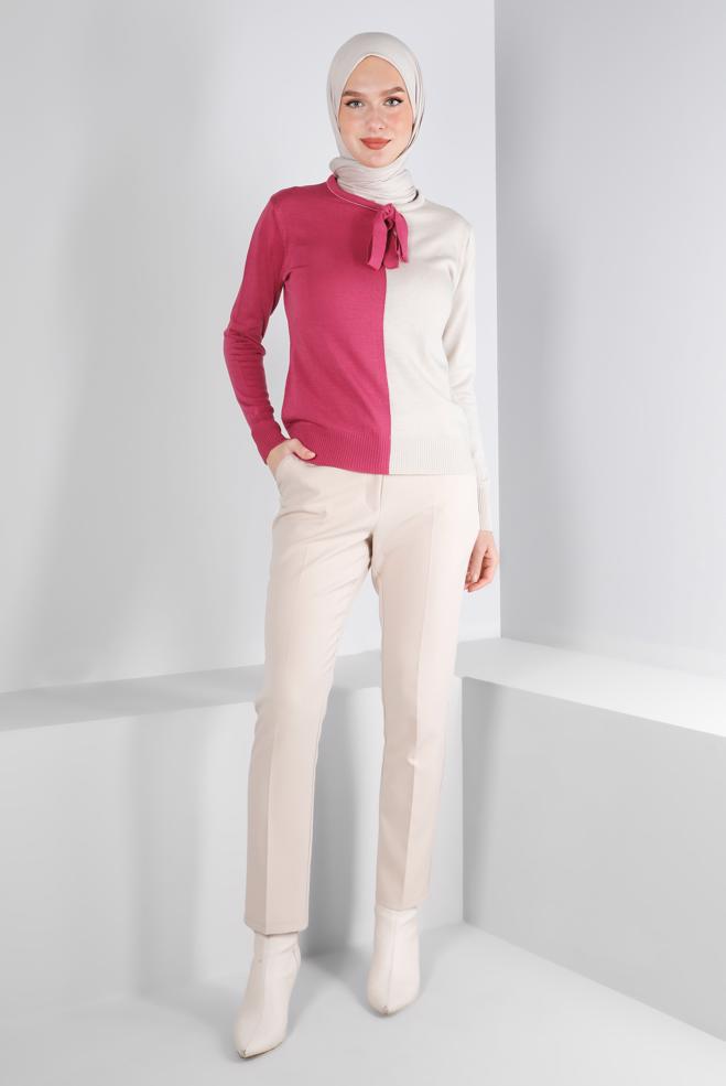 Hijab clothing  TIED COLLAR DOUBLE COLORED KNITWEAR SWEATER 43187 - ALVİNA