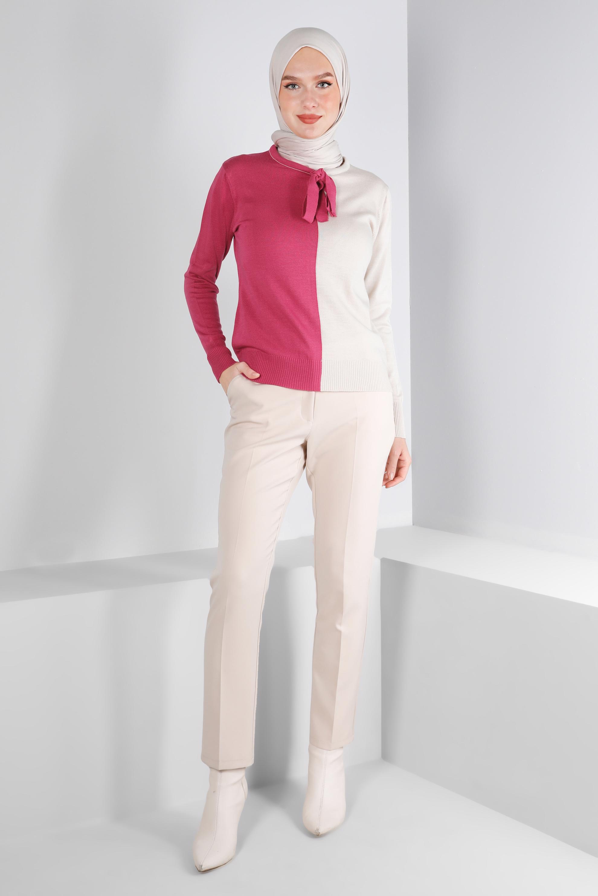 Hijab clothing FUCHSIA TIED COLLAR DOUBLE COLORED KNITWEAR SWEATER 43187