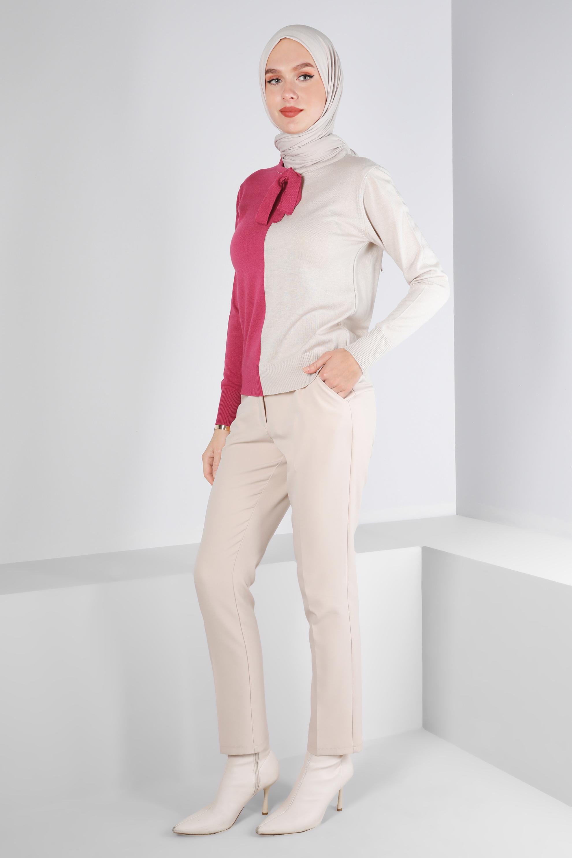 Hijab clothing FUCHSIA TIED COLLAR DOUBLE COLORED KNITWEAR SWEATER 43187