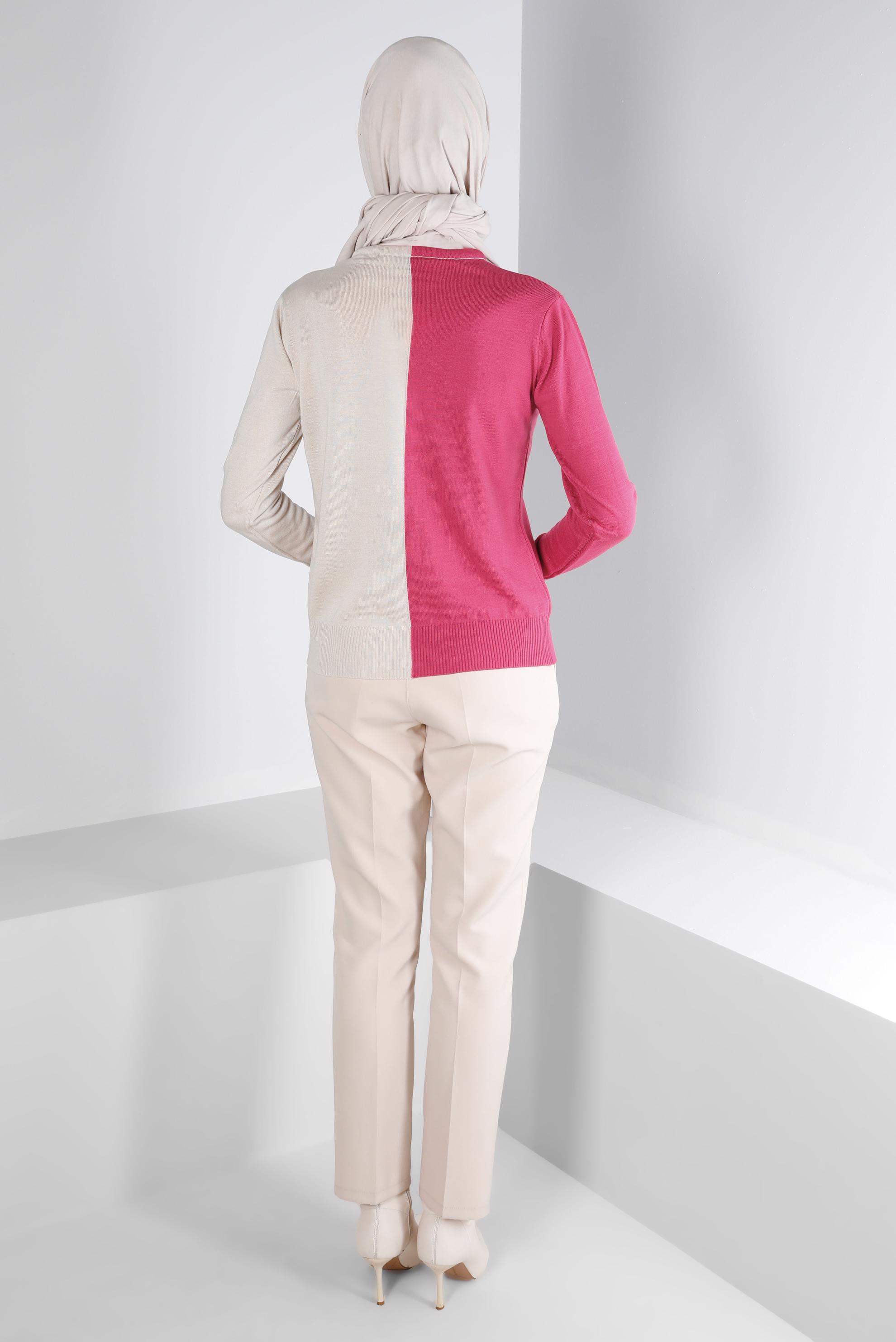 Hijab clothing FUCHSIA TIED COLLAR DOUBLE COLORED KNITWEAR SWEATER 43187
