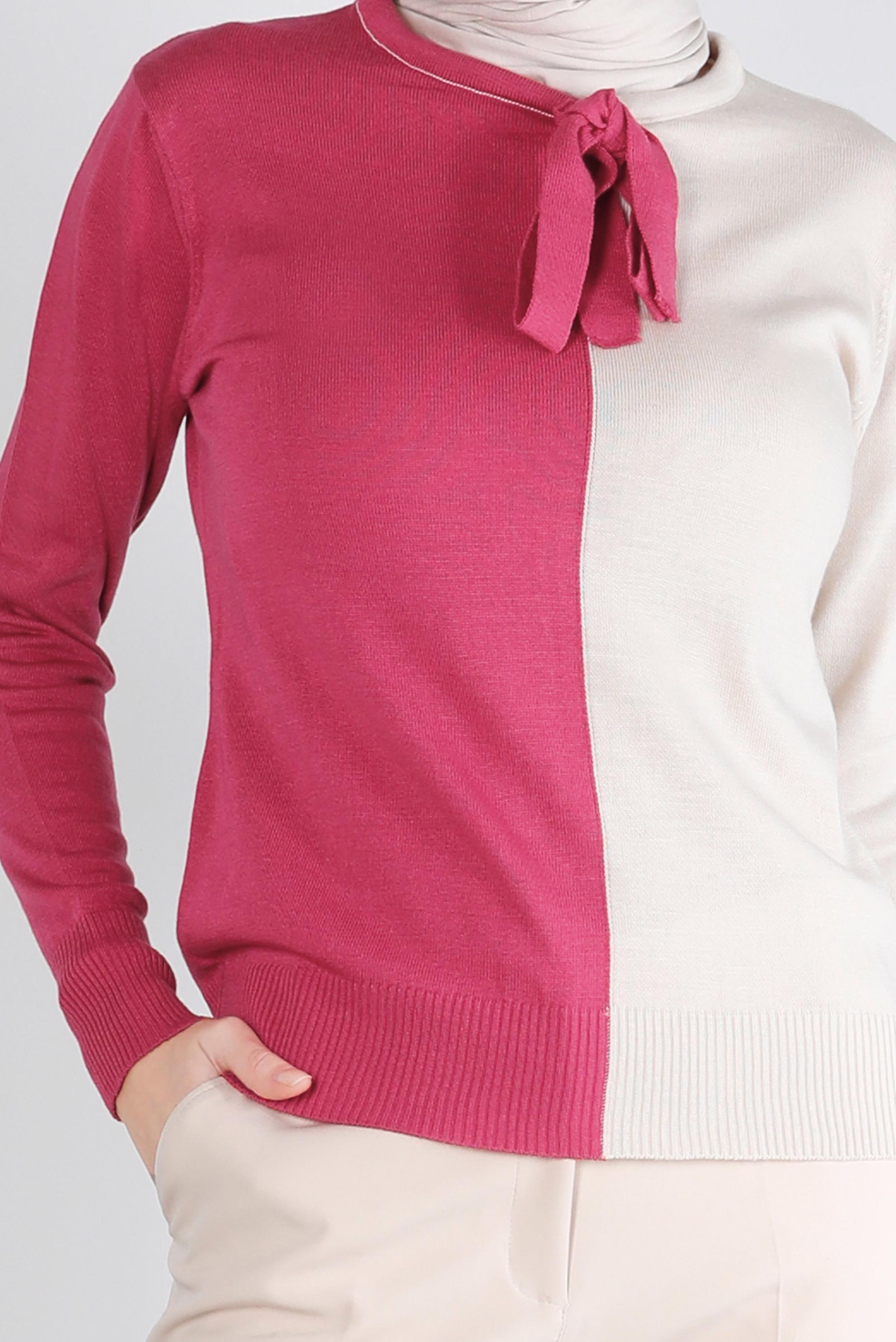 Hijab clothing FUCHSIA TIED COLLAR DOUBLE COLORED KNITWEAR SWEATER 43187