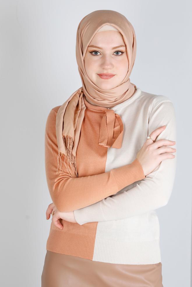 Hijab clothing  TIED COLLAR DOUBLE COLORED KNITWEAR SWEATER 43187 - ALVİNA