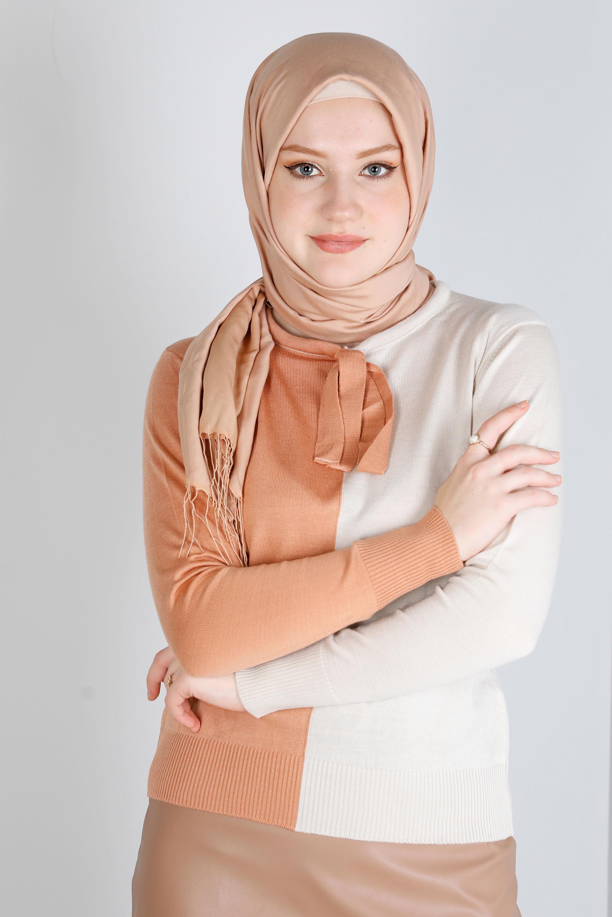 Hijab clothing POWDER TIED COLLAR DOUBLE COLORED KNITWEAR SWEATER 43187