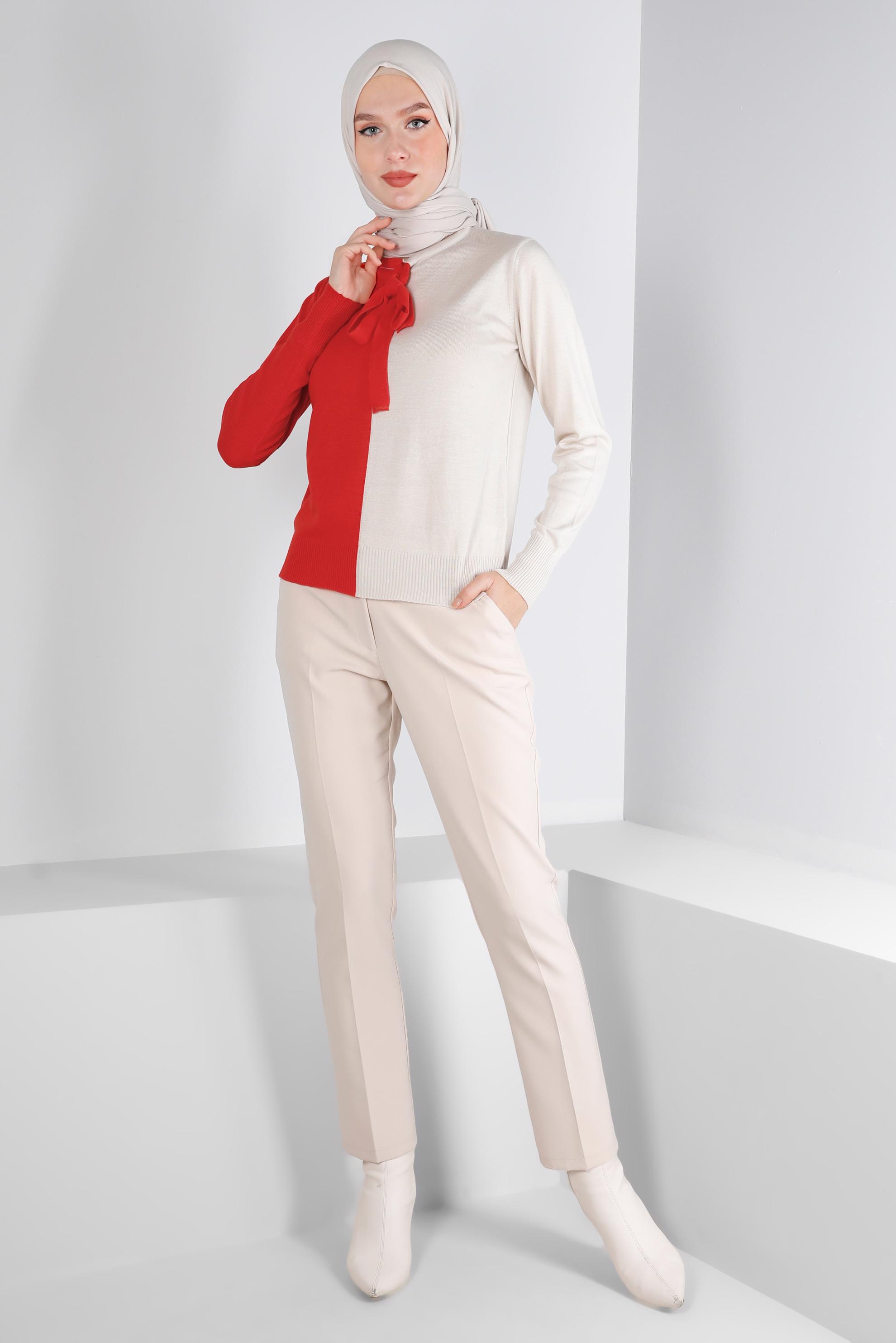 Tesettür giyim KIRMIZI YAKASI BAĞLAMALI İKİ RENK TRİKO KAZAK 43187