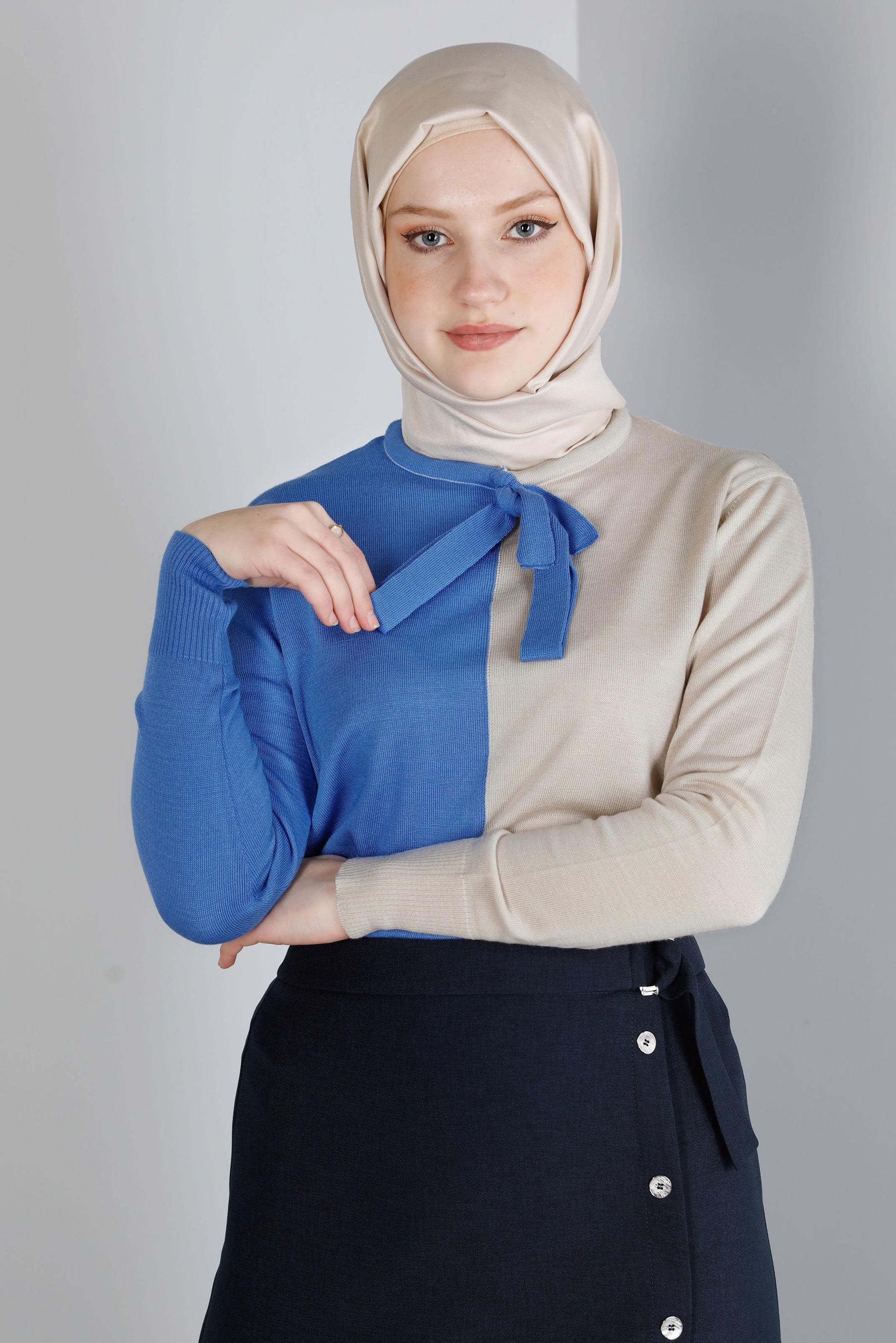 Tesettür giyim KAHVE YAKASI BAĞLAMALI İKİ RENK TRİKO KAZAK 43187