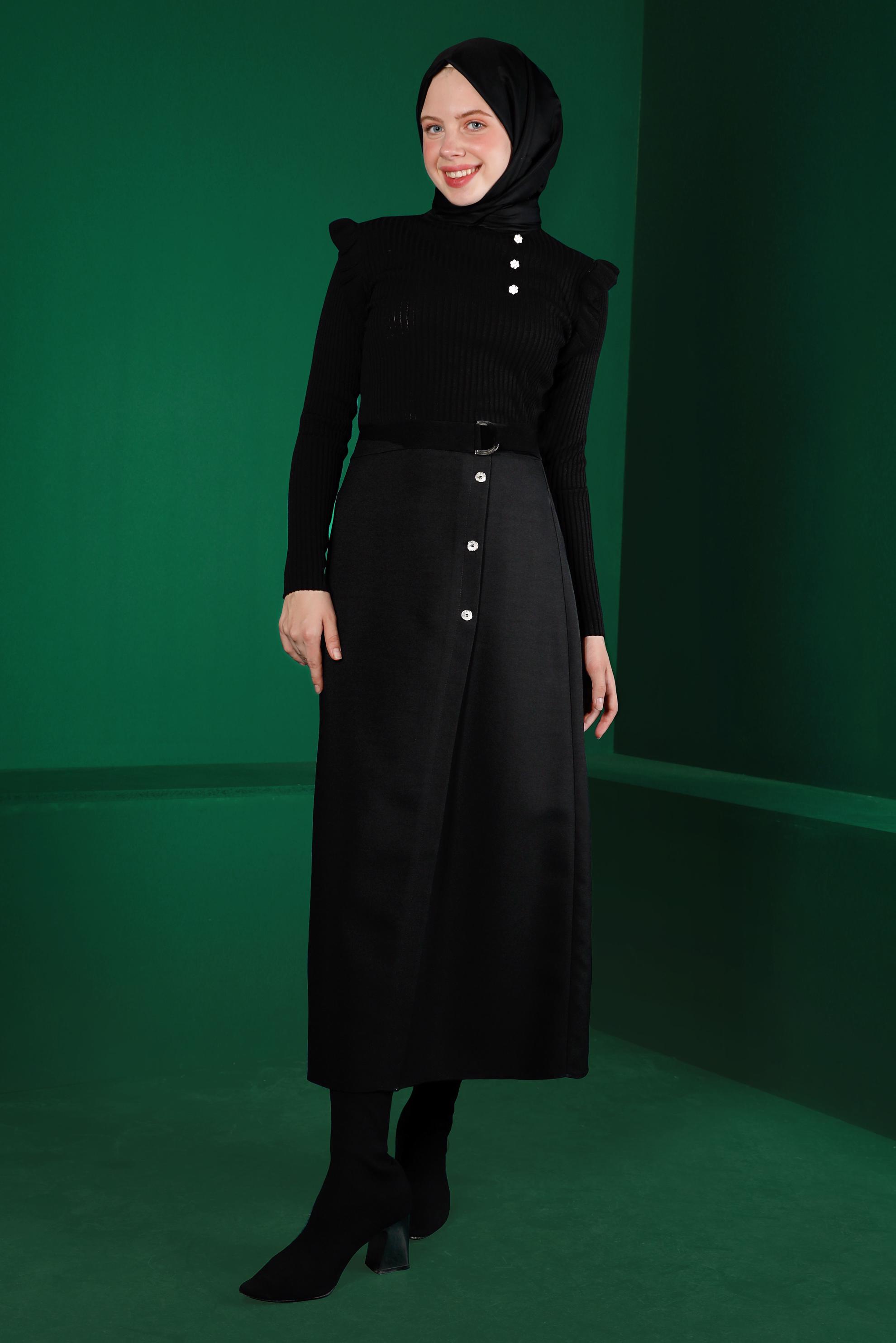 Tesettür giyim SİYAH TAŞ DETAYLI FIRFIRLI TRİKO KAZAK 43188 