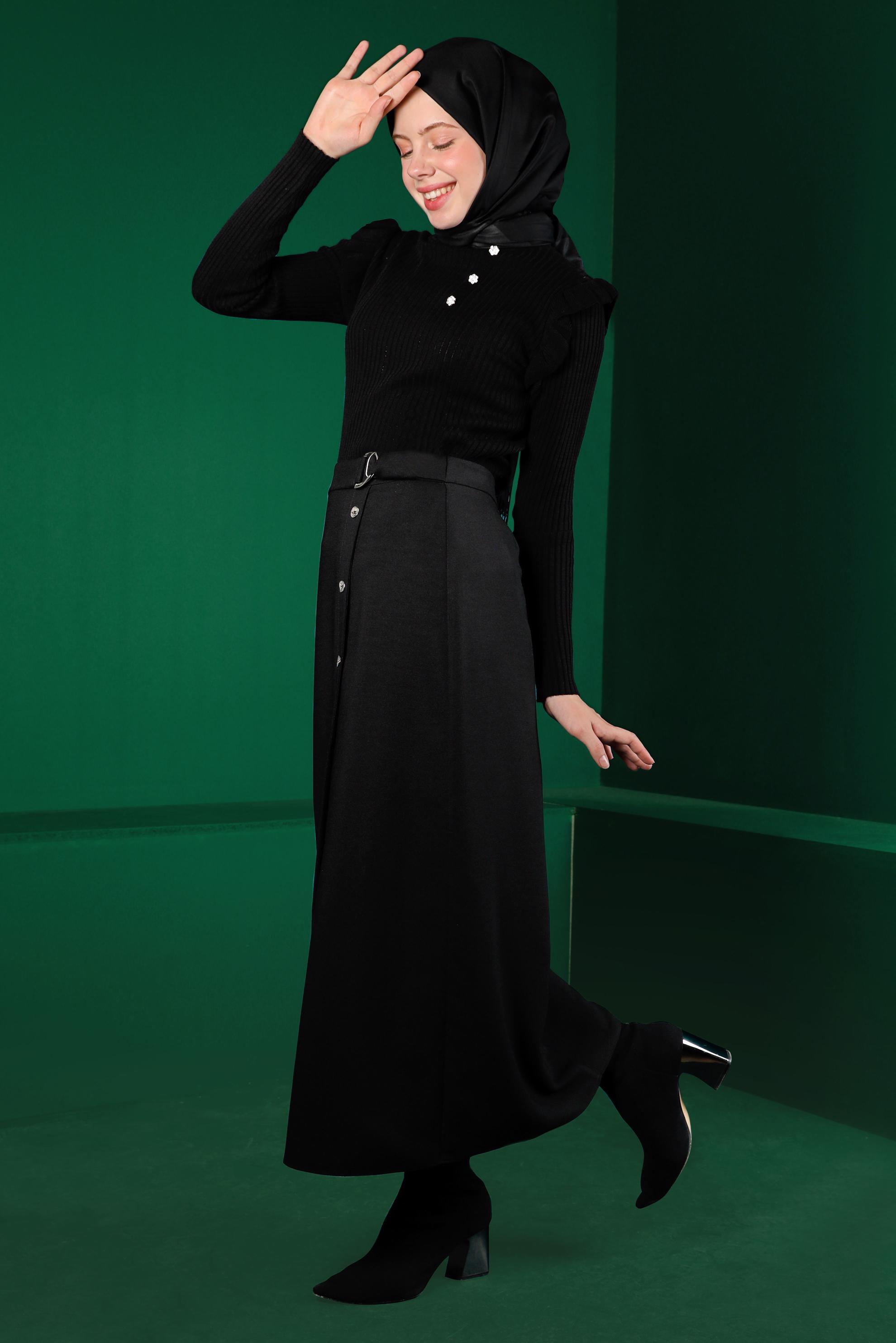 Tesettür giyim SİYAH TAŞ DETAYLI FIRFIRLI TRİKO KAZAK 43188 