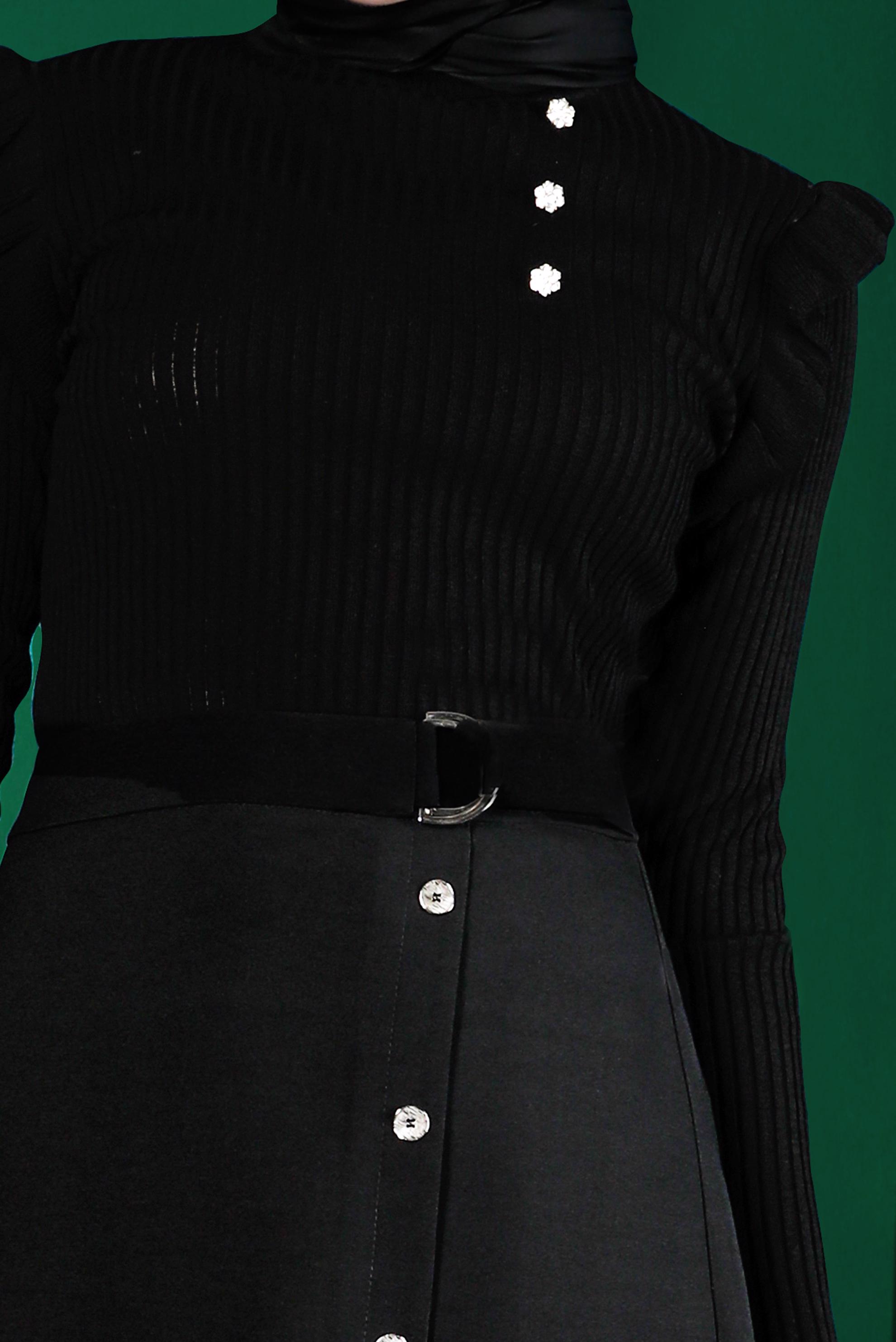 Tesettür giyim SİYAH TAŞ DETAYLI FIRFIRLI TRİKO KAZAK 43188 