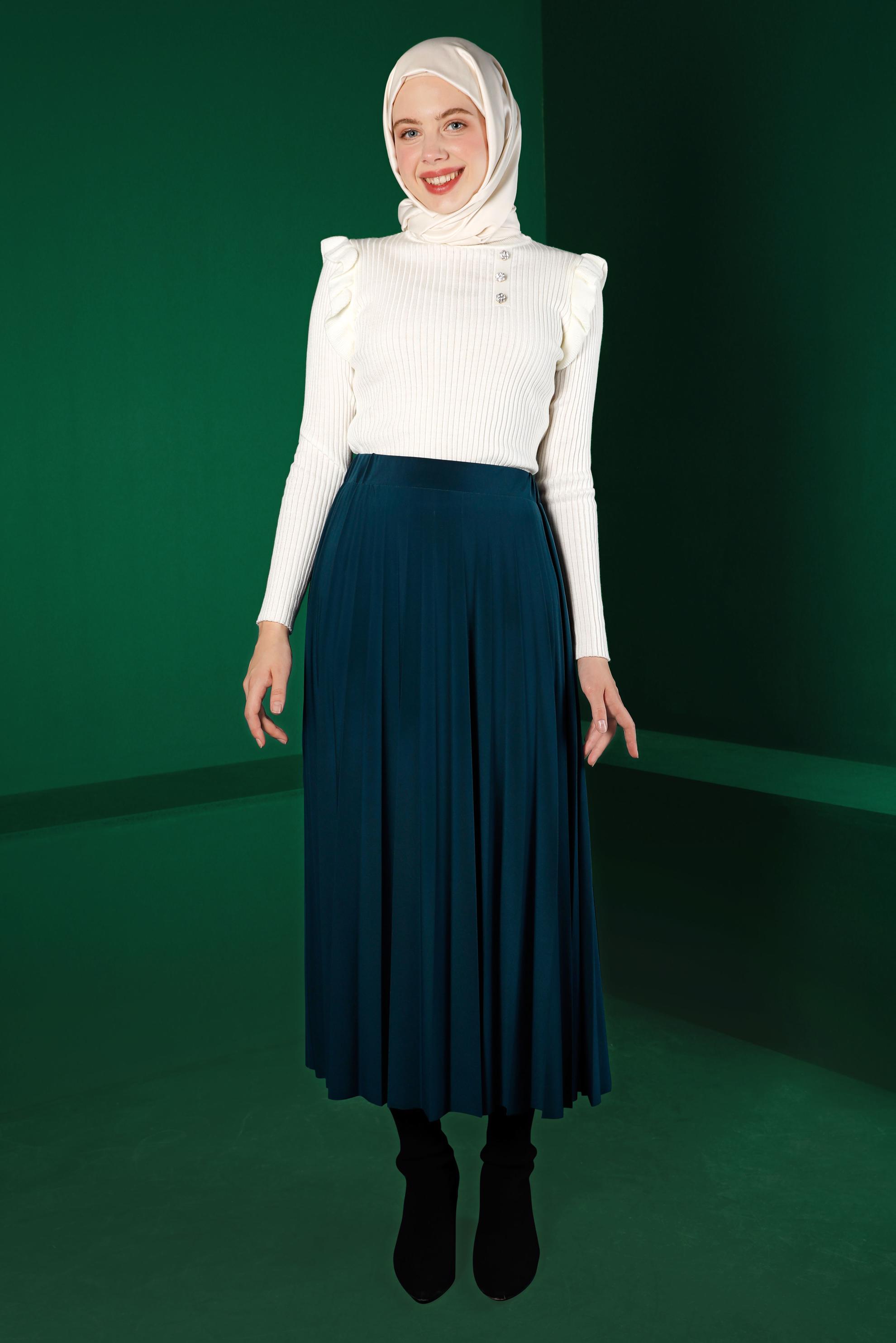 Tesettür giyim BEYAZ TAŞ DETAYLI FIRFIRLI TRİKO KAZAK 43188 