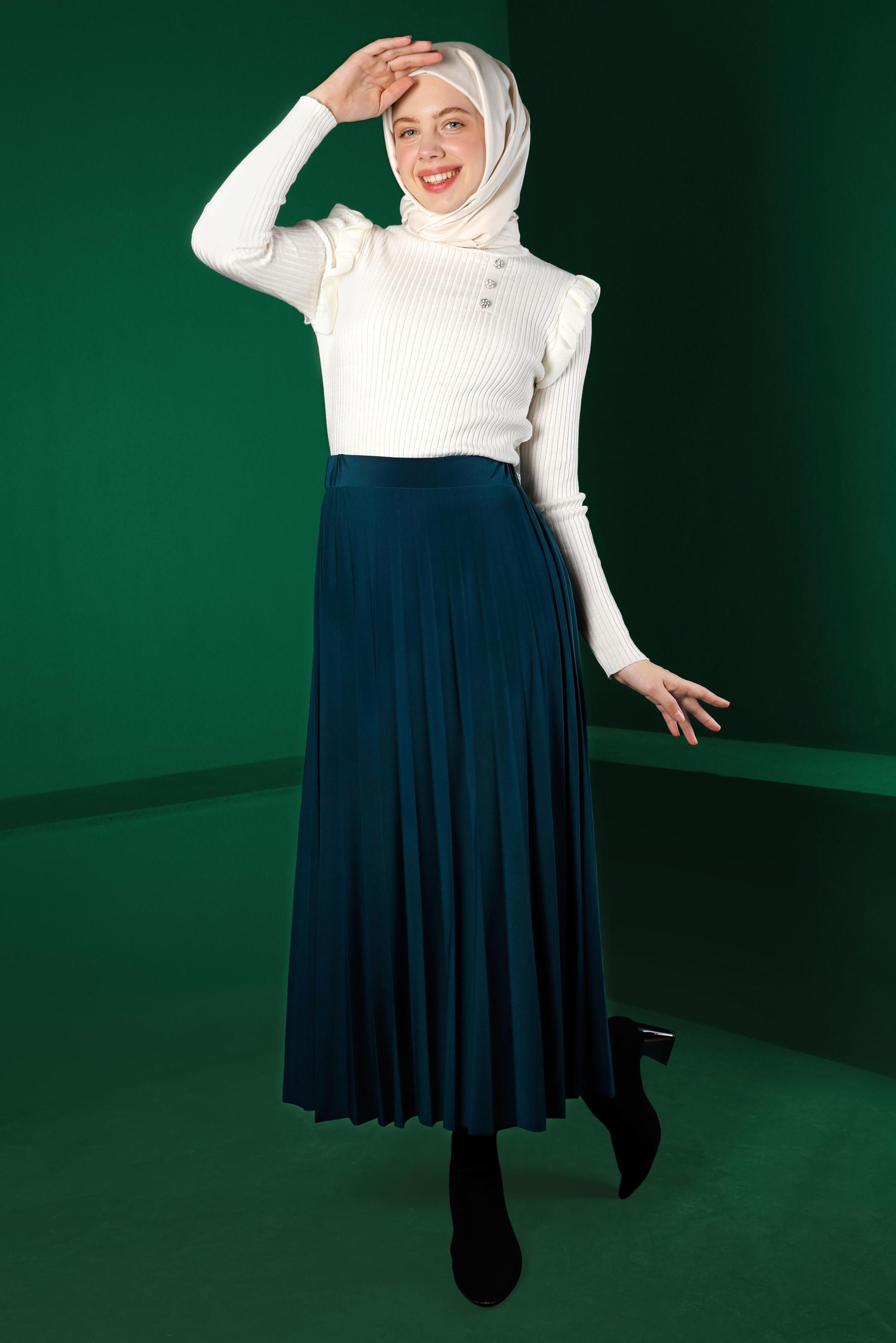 Tesettür giyim BEYAZ TAŞ DETAYLI FIRFIRLI TRİKO KAZAK 43188 