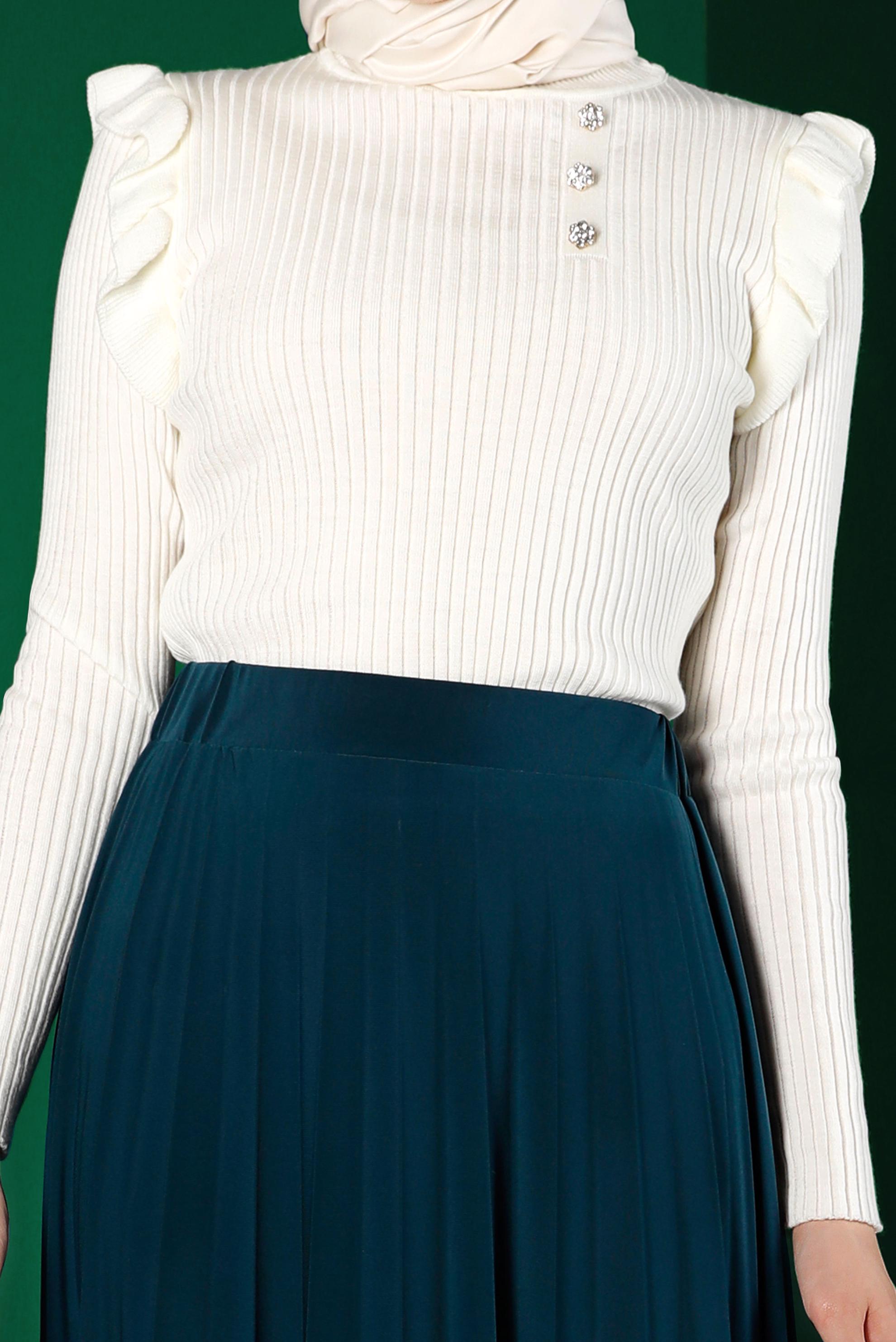 Tesettür giyim BEYAZ TAŞ DETAYLI FIRFIRLI TRİKO KAZAK 43188 