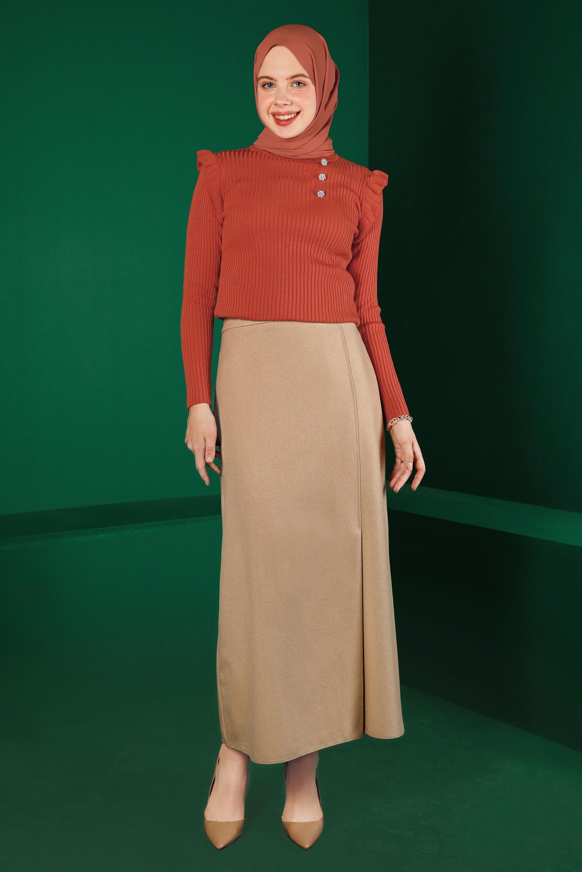 Tesettür giyim TURUNCU TAŞ DETAYLI FIRFIRLI TRİKO KAZAK 43188 