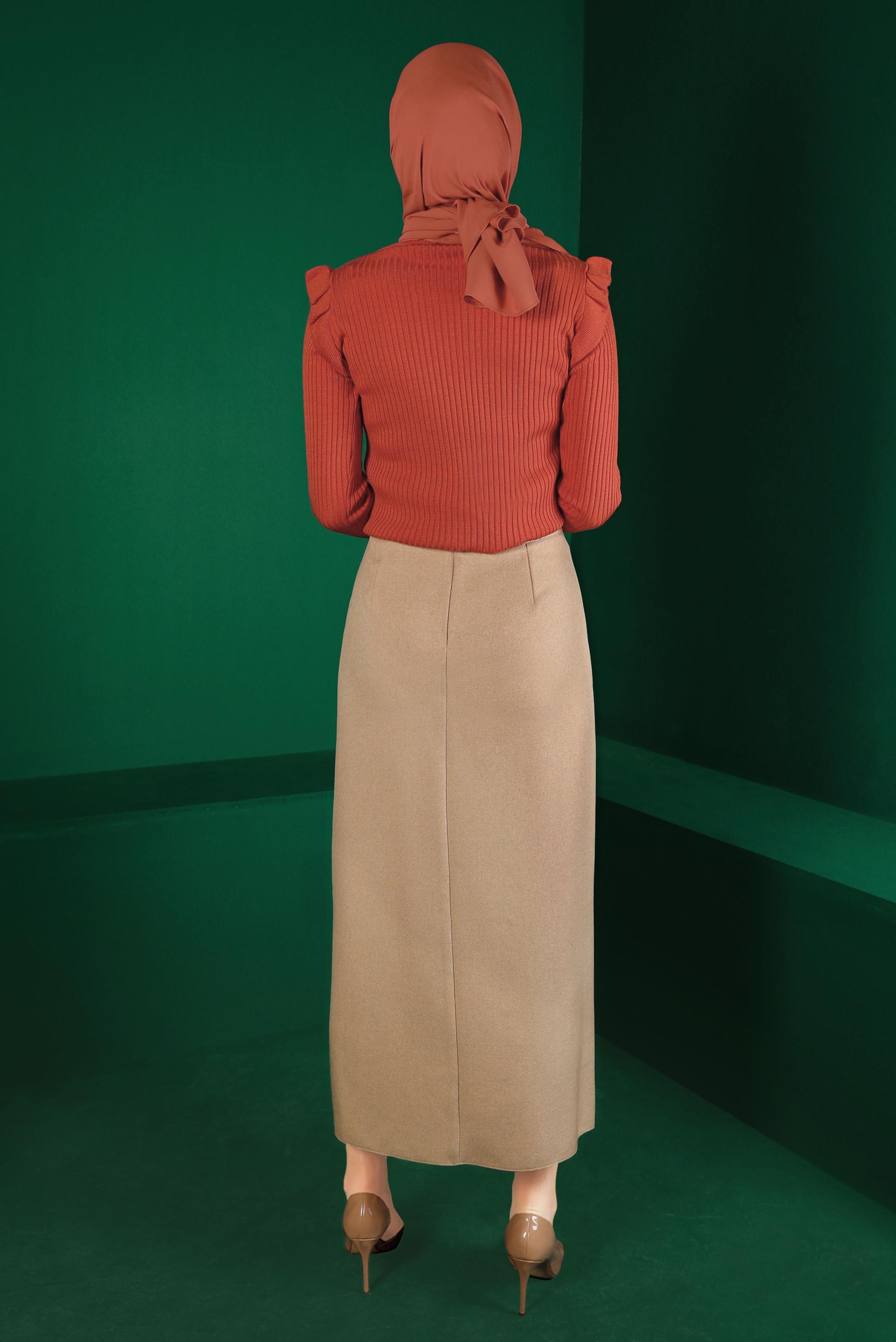 Tesettür giyim TURUNCU TAŞ DETAYLI FIRFIRLI TRİKO KAZAK 43188 