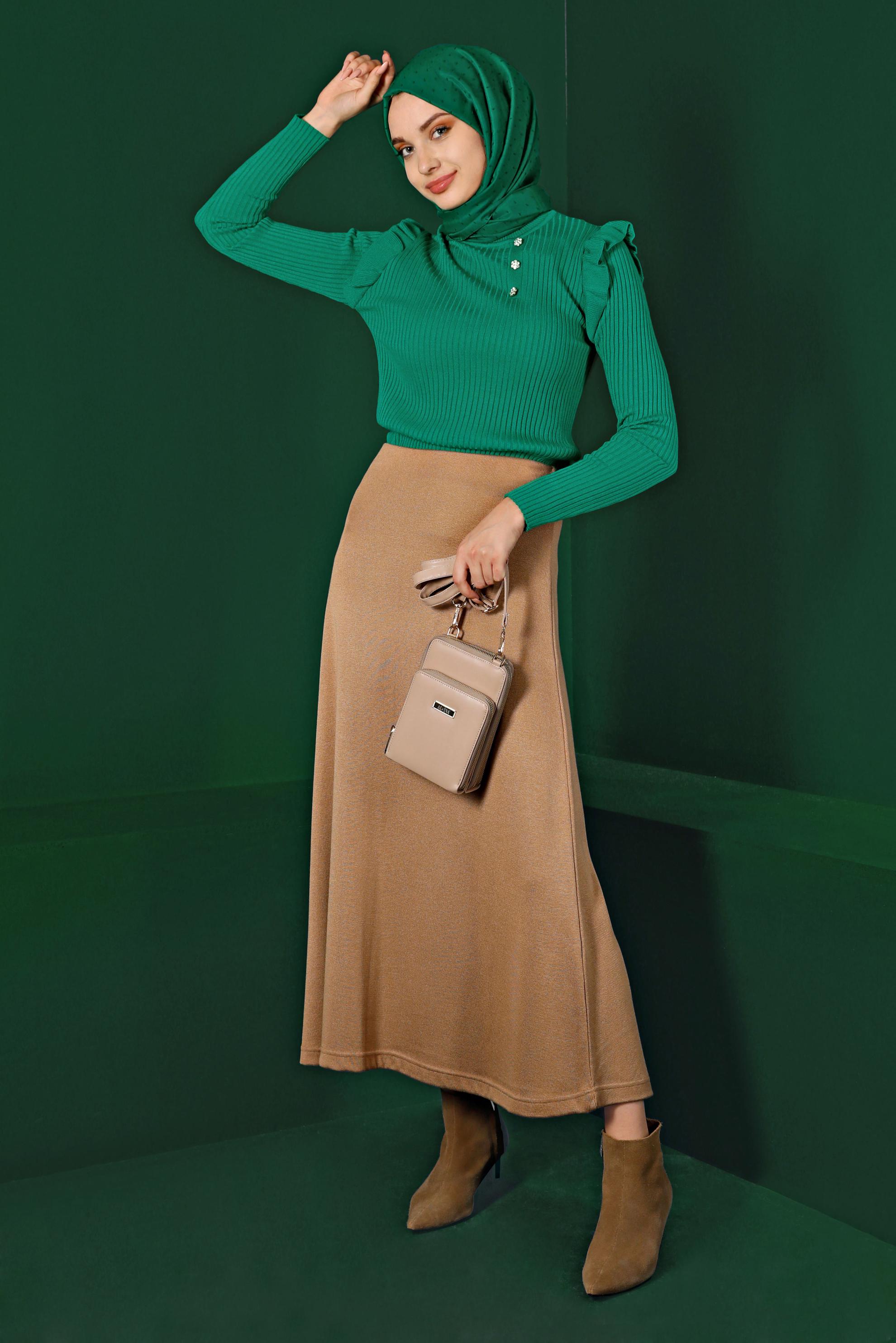 Tesettür giyim YEŞİL TAŞ DETAYLI FIRFIRLI TRİKO KAZAK 43188 