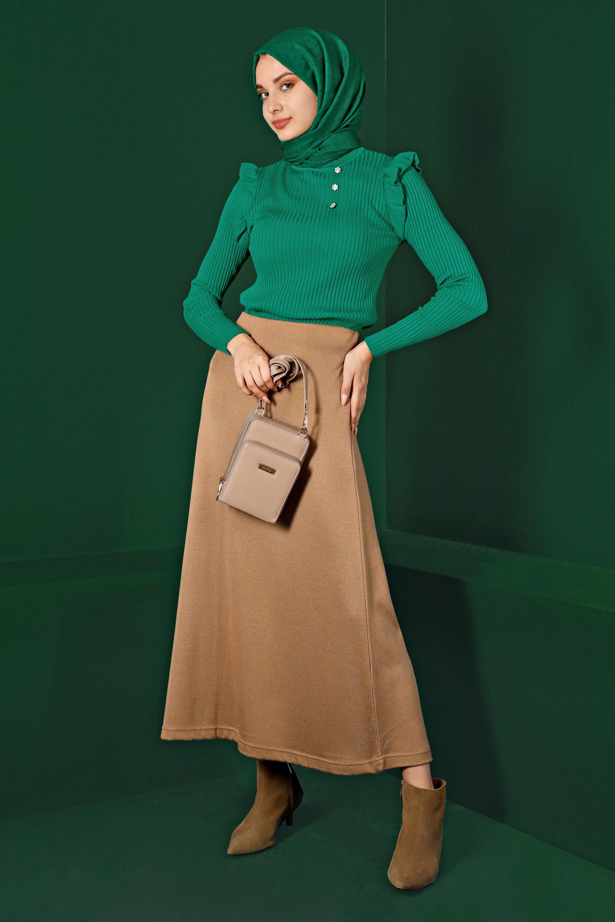 Tesettür giyim YEŞİL TAŞ DETAYLI FIRFIRLI TRİKO KAZAK 43188 