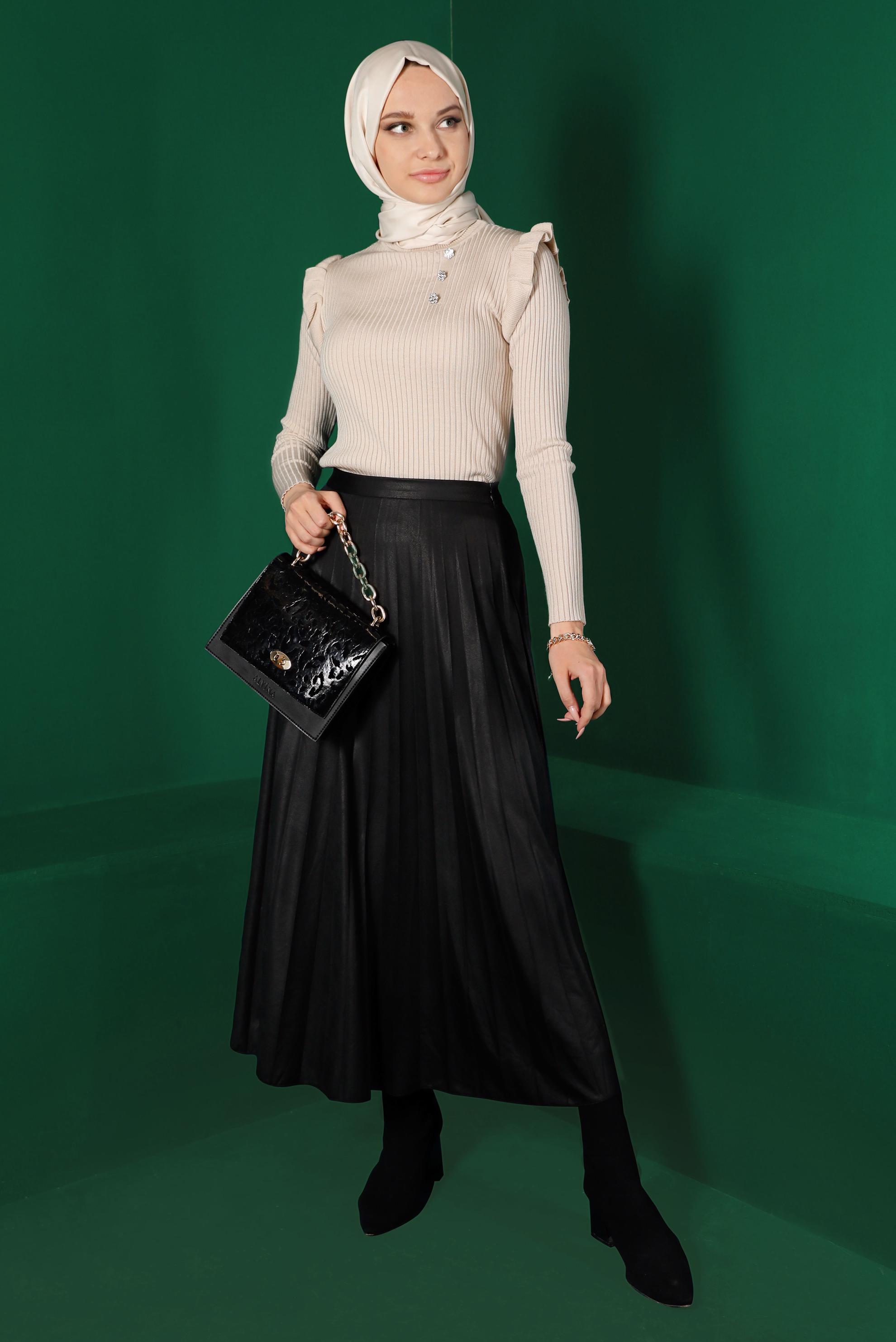 Tesettür giyim BEJ TAŞ DETAYLI FIRFIRLI TRİKO KAZAK 43188 