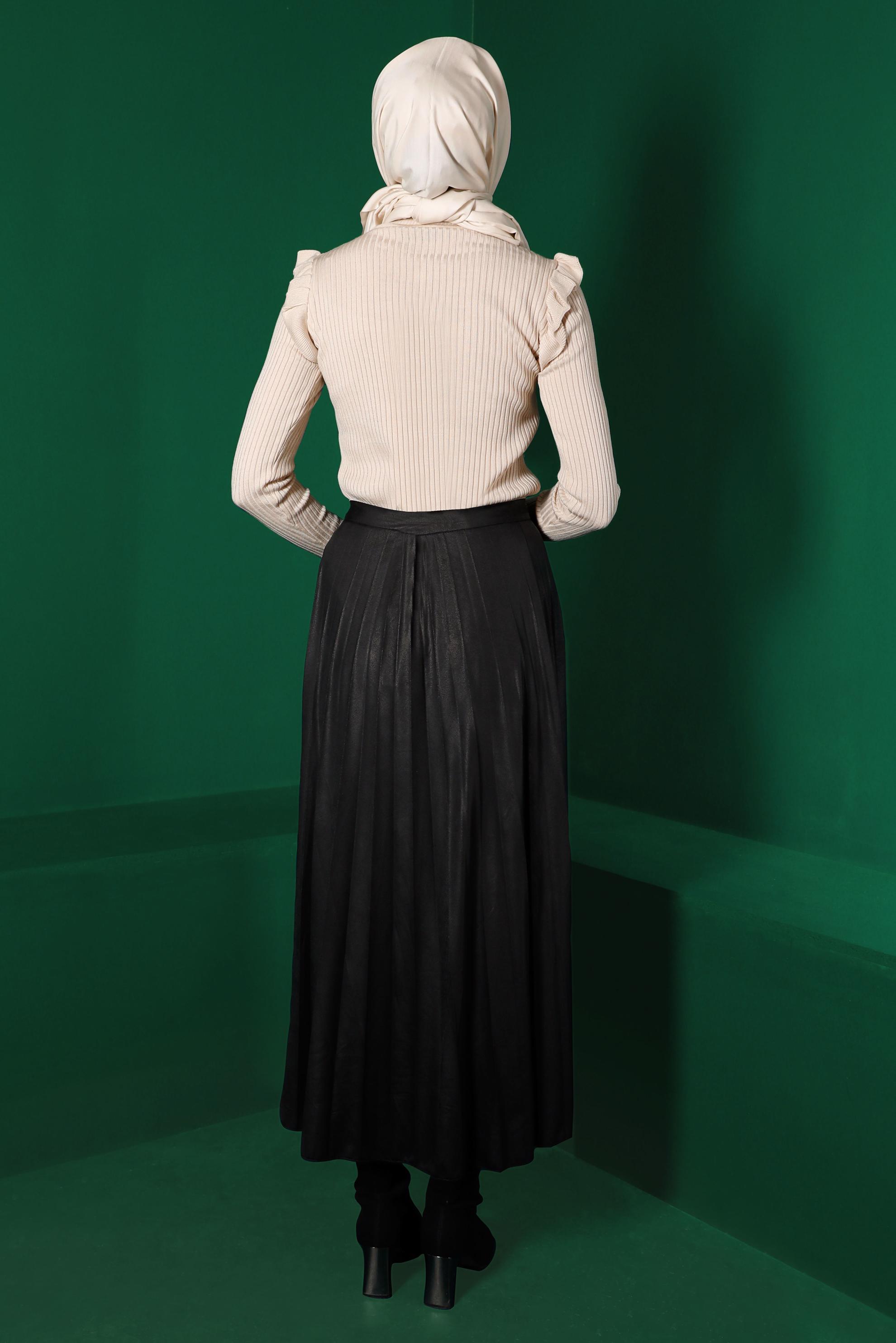 Tesettür giyim BEJ TAŞ DETAYLI FIRFIRLI TRİKO KAZAK 43188 