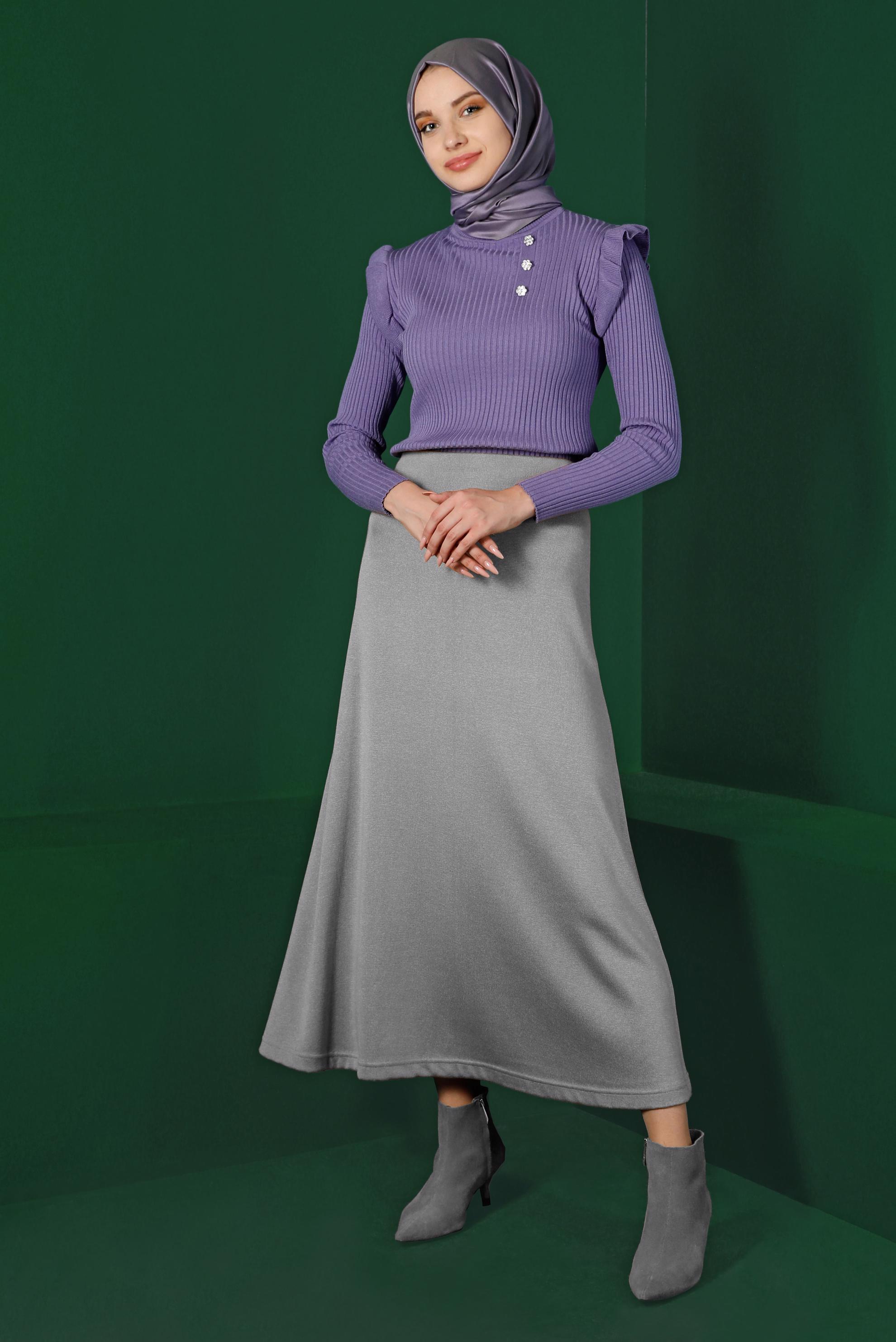 Hijab clothing PURPLE GEM DETAIL RUFFLED KNITWEAR SWEATER 43188 