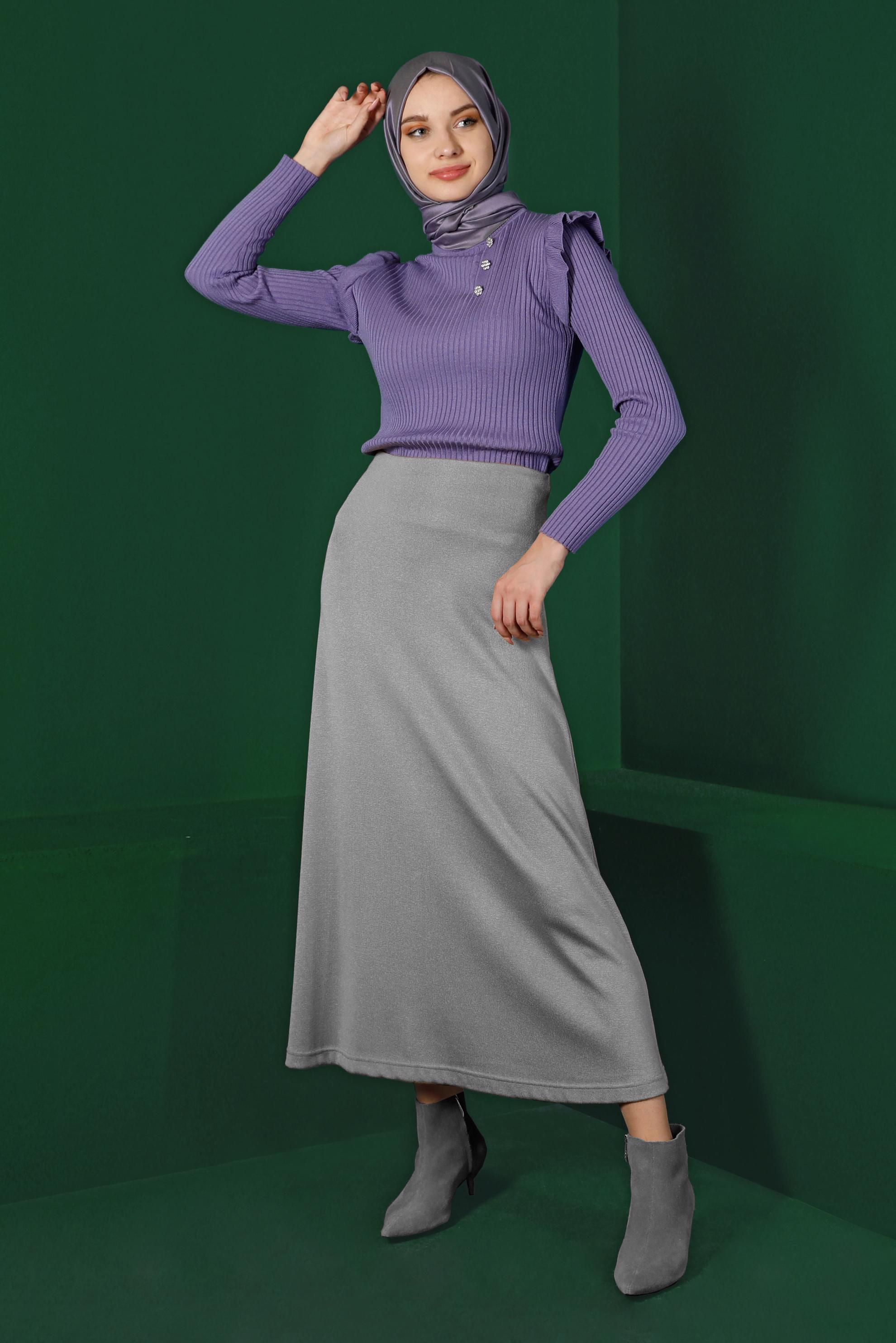 Hijab clothing PURPLE GEM DETAIL RUFFLED KNITWEAR SWEATER 43188 