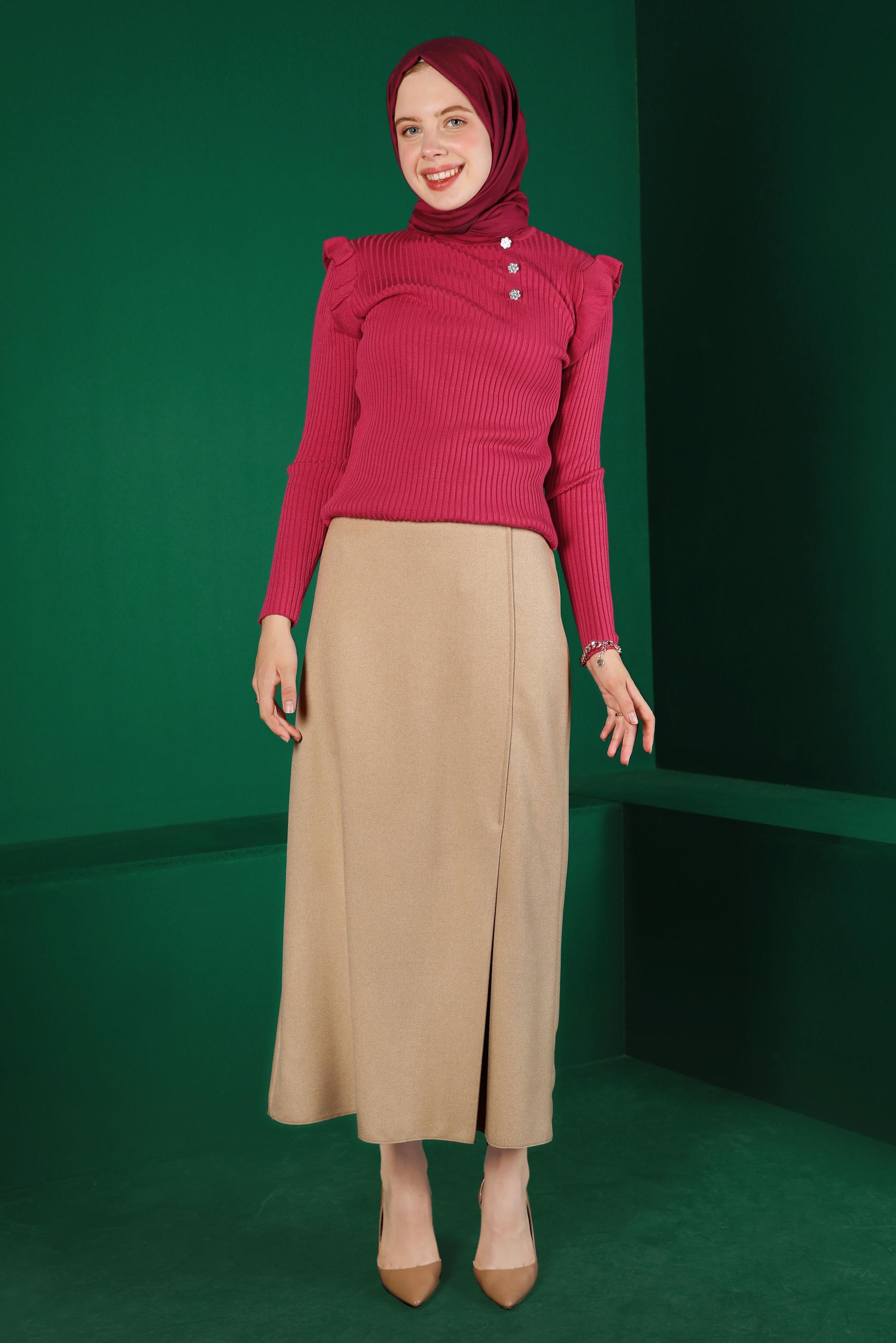 Tesettür giyim FUŞYA TAŞ DETAYLI FIRFIRLI TRİKO KAZAK 43188 