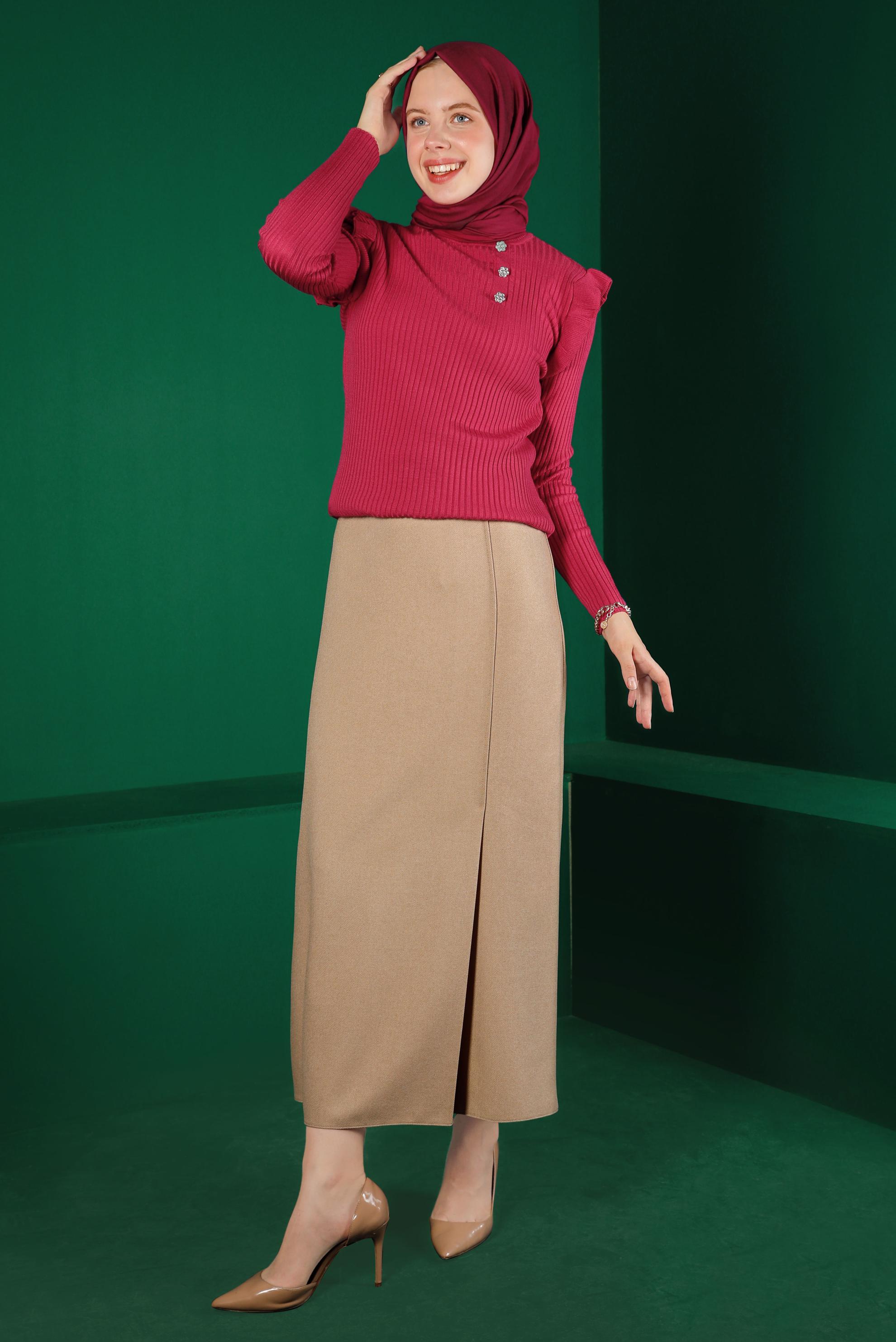 Tesettür giyim FUŞYA TAŞ DETAYLI FIRFIRLI TRİKO KAZAK 43188 